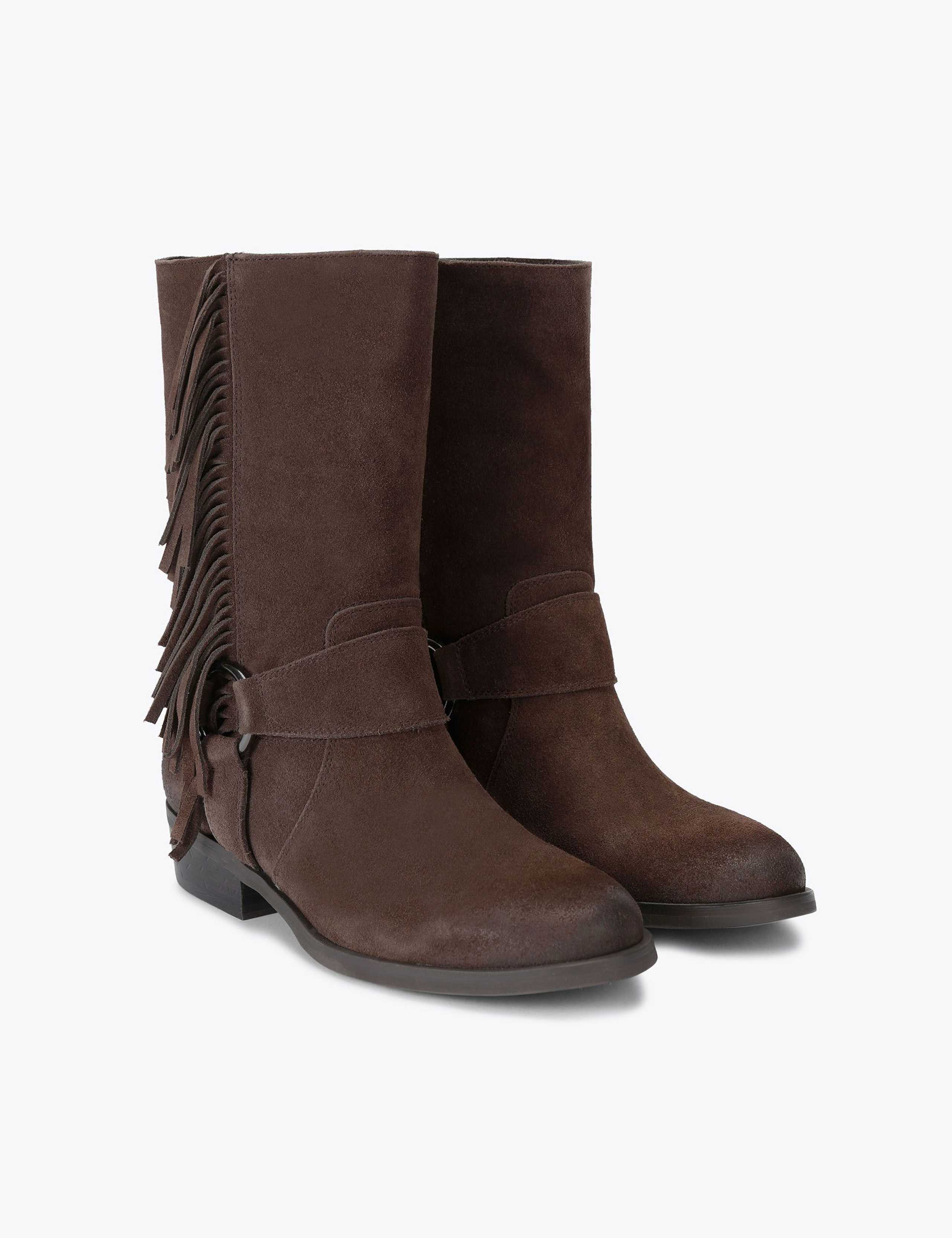 Suede Cowboy Fringe Detail Mid Calf Boots