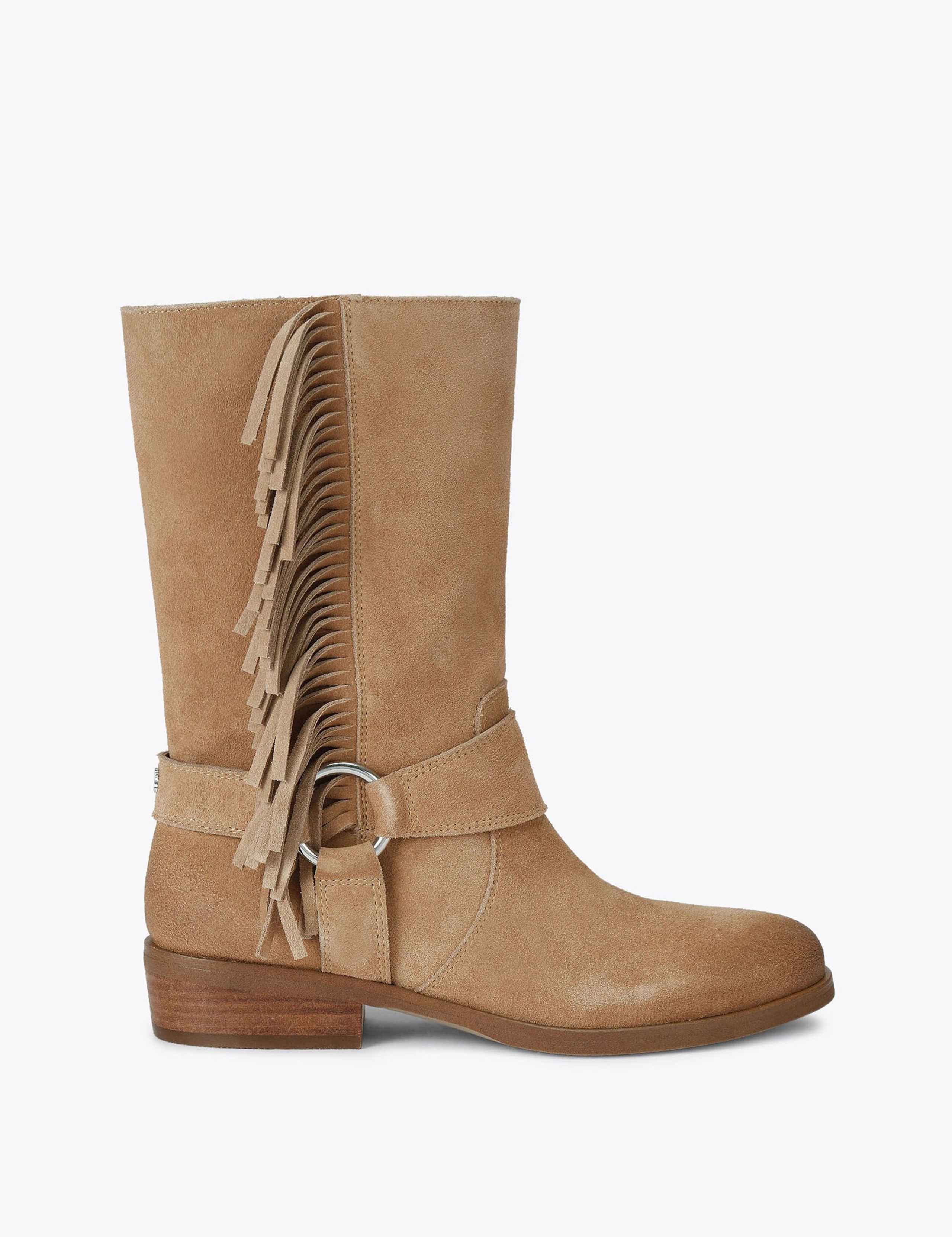 Suede Cowboy Fringe Detail Mid Calf Boots