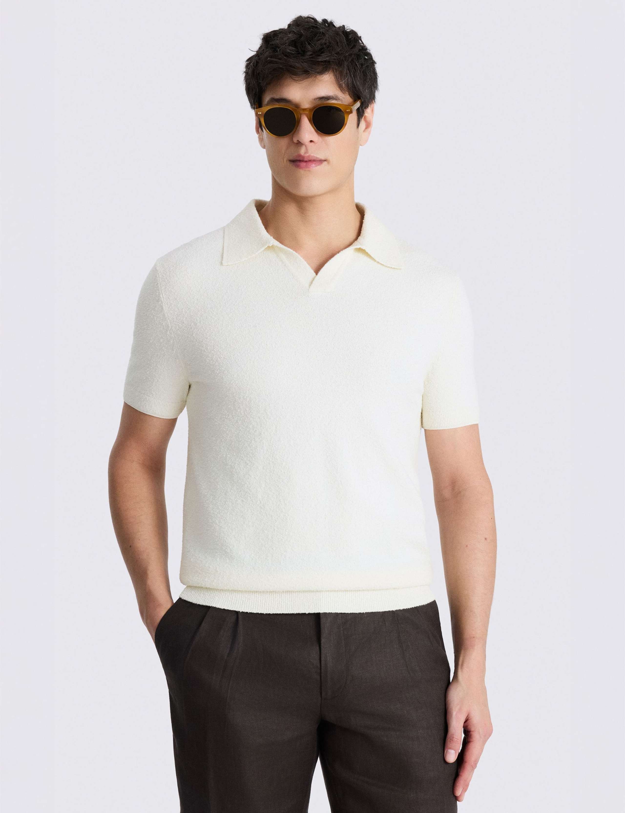 Cotton Rich Bouclé Knitted Polo Shirt