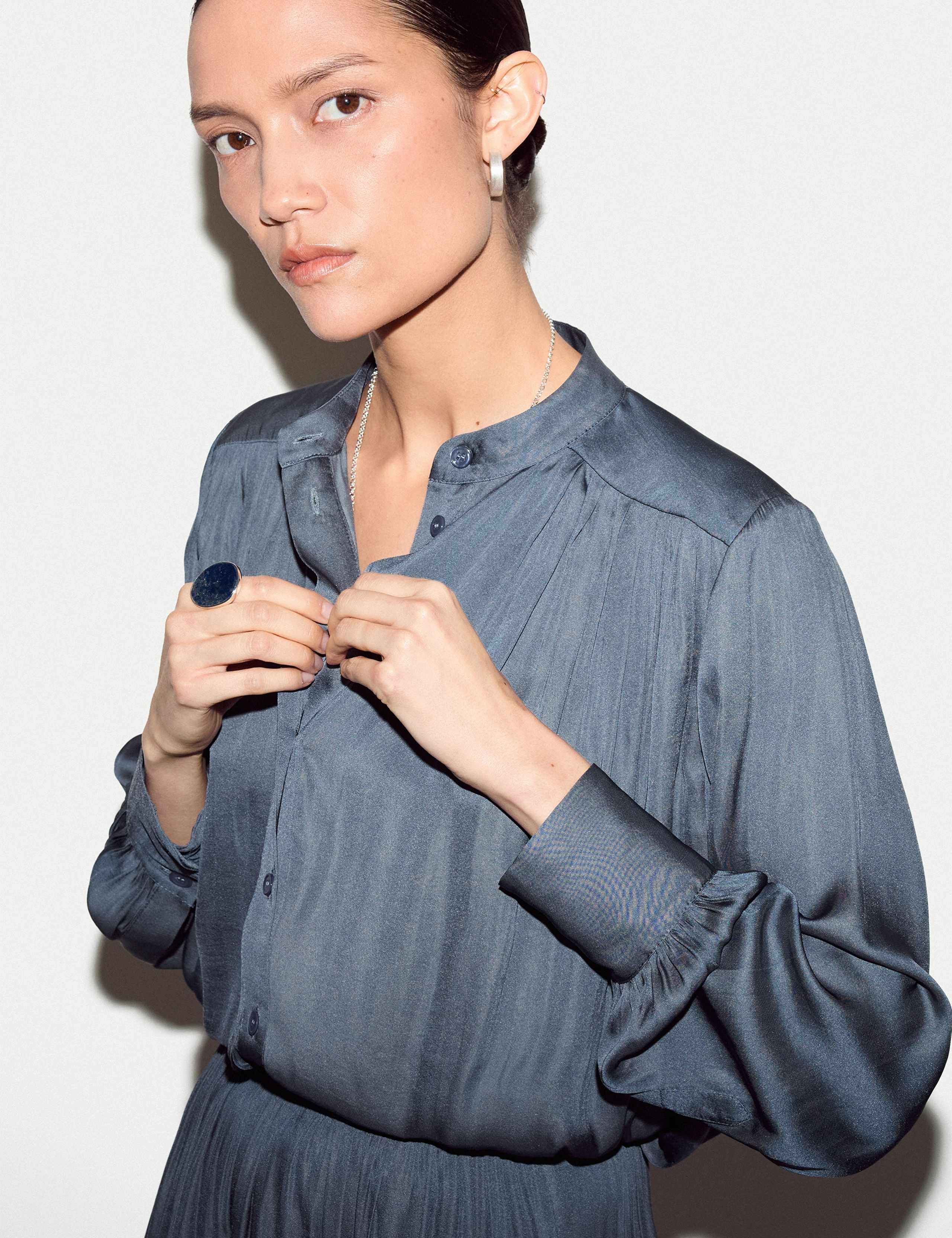 Satin Pleated Collarless Blouse