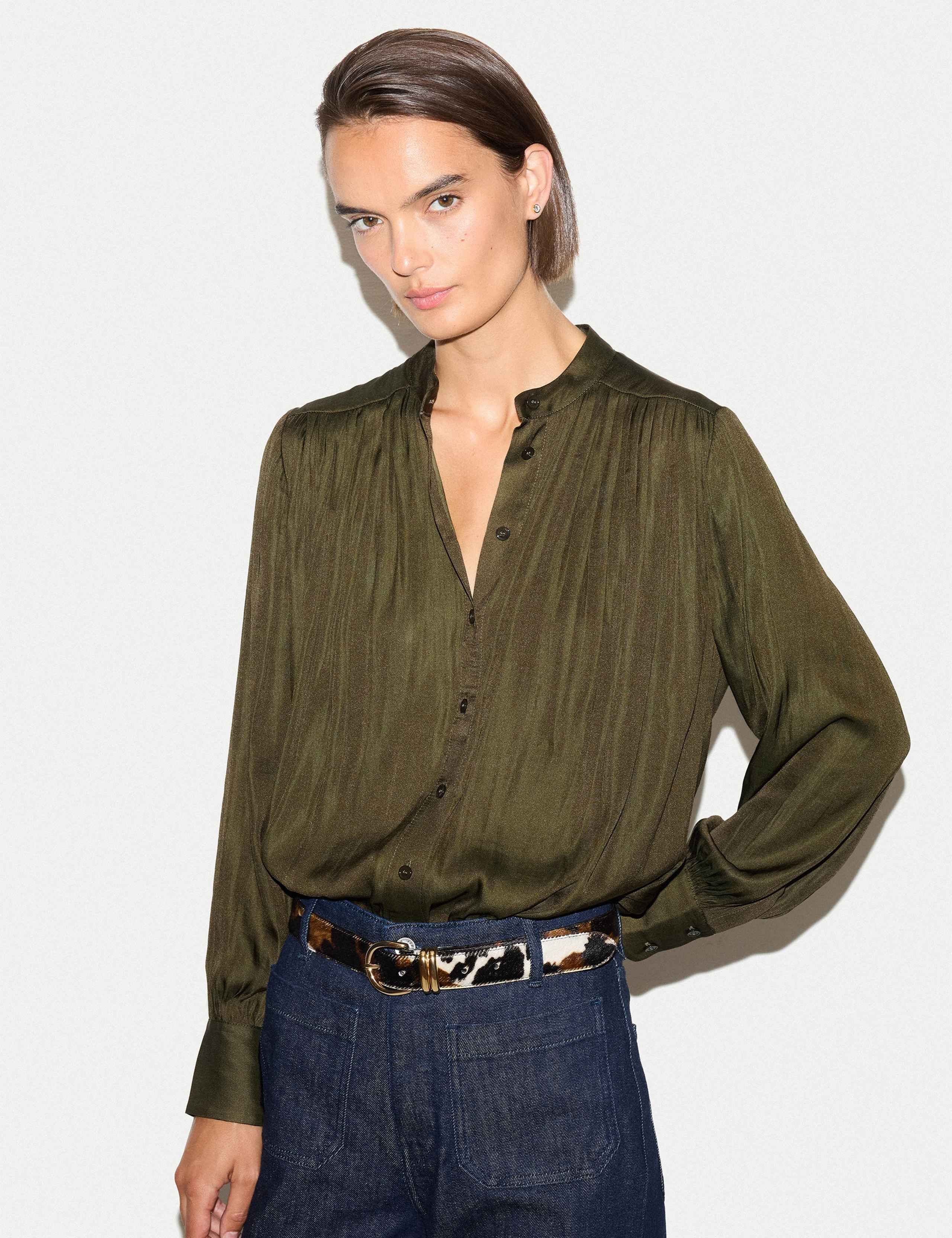 Satin Pleated Collarless Blouse