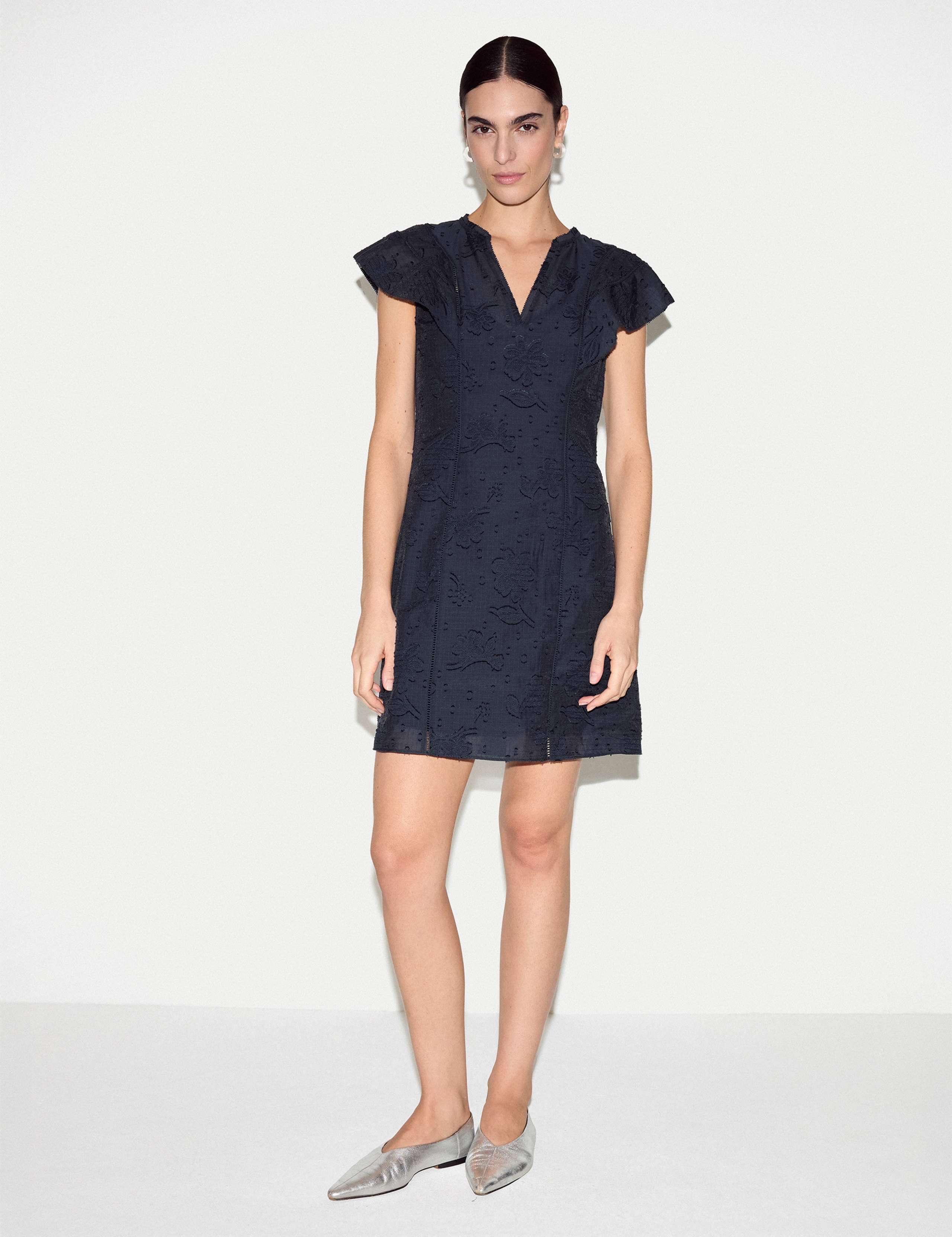 Cotton Blend Floral Jacquard Mini Shift Dress