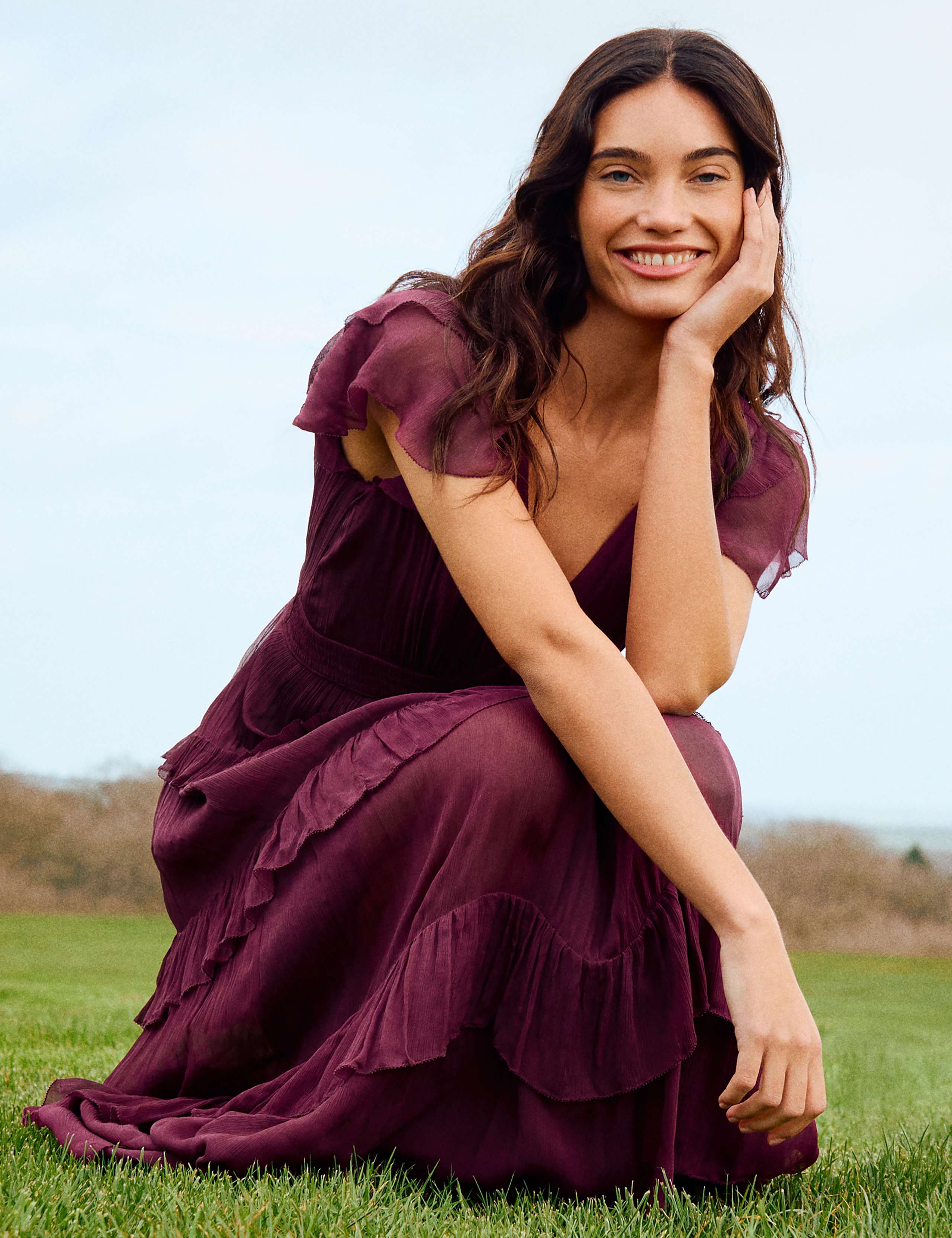 Plisse V-Neck Frill Midaxi Tiered Dress