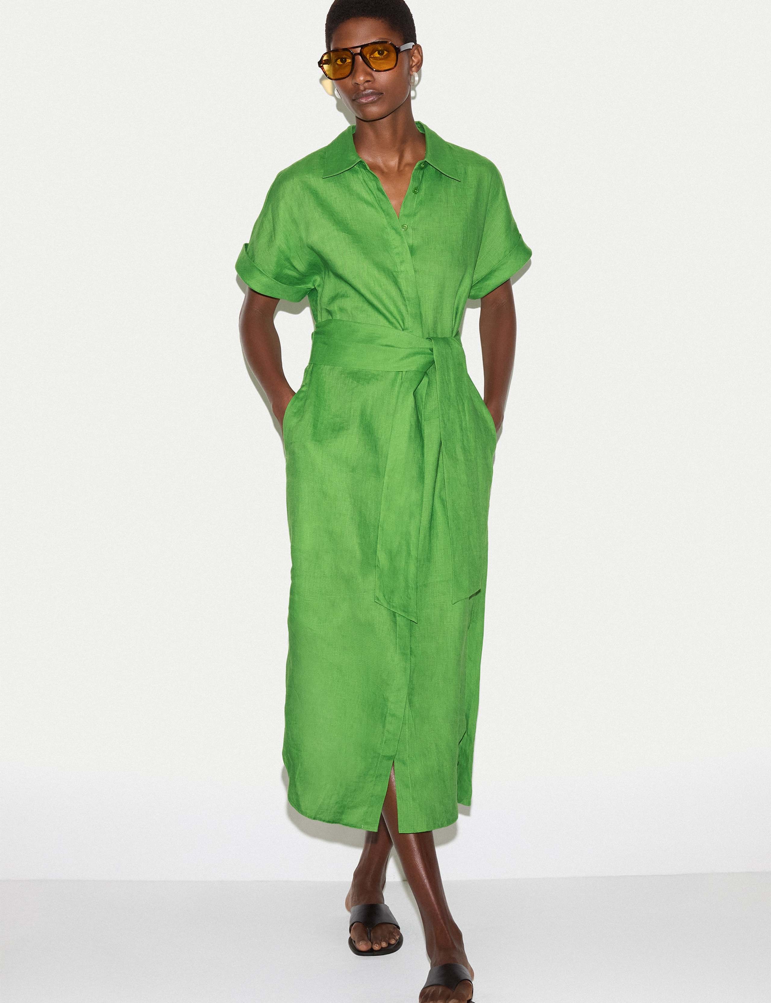 Pure Linen Collared Belted Midi Shirt Dress