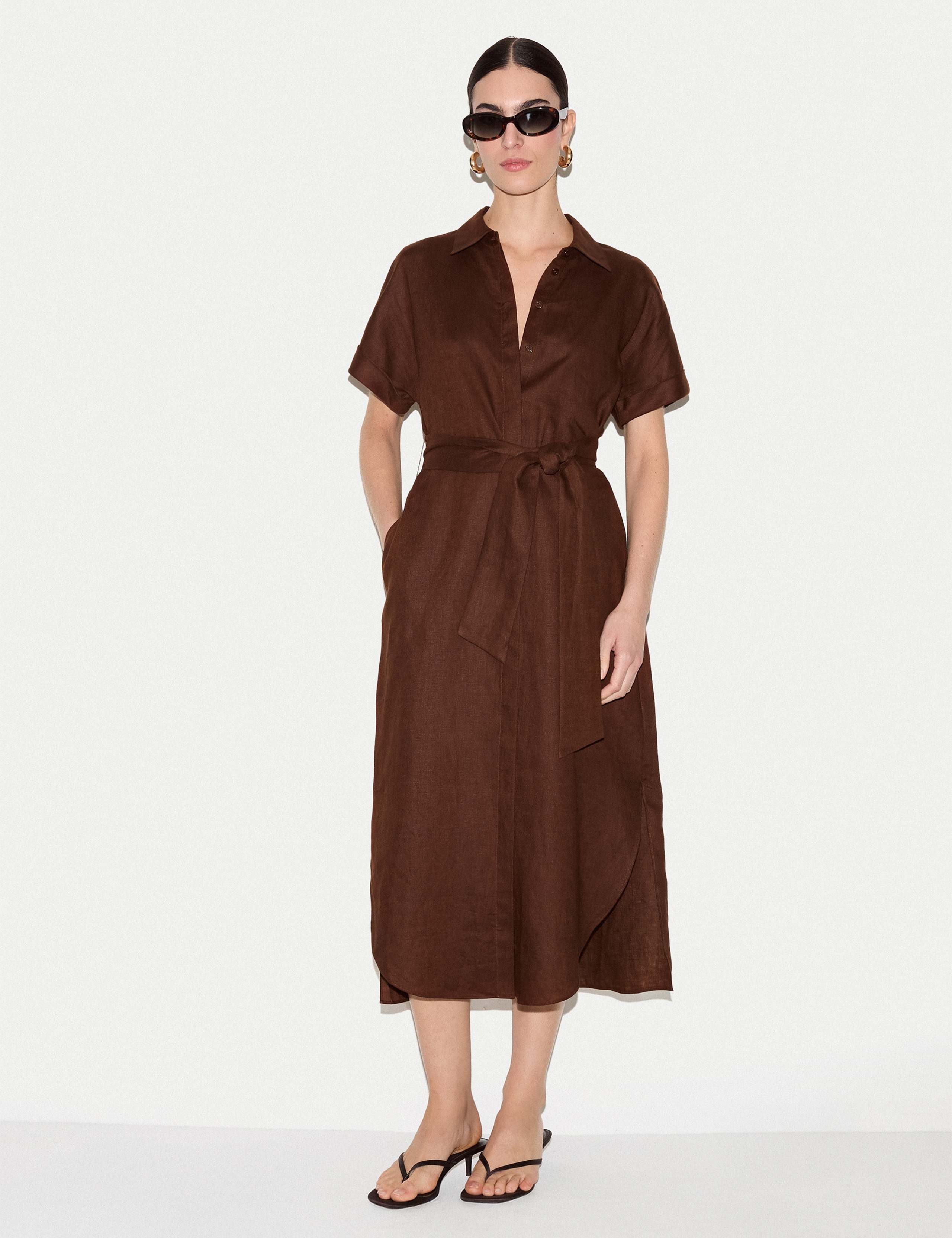 Pure Linen Collared Belted Midi Shirt Dress