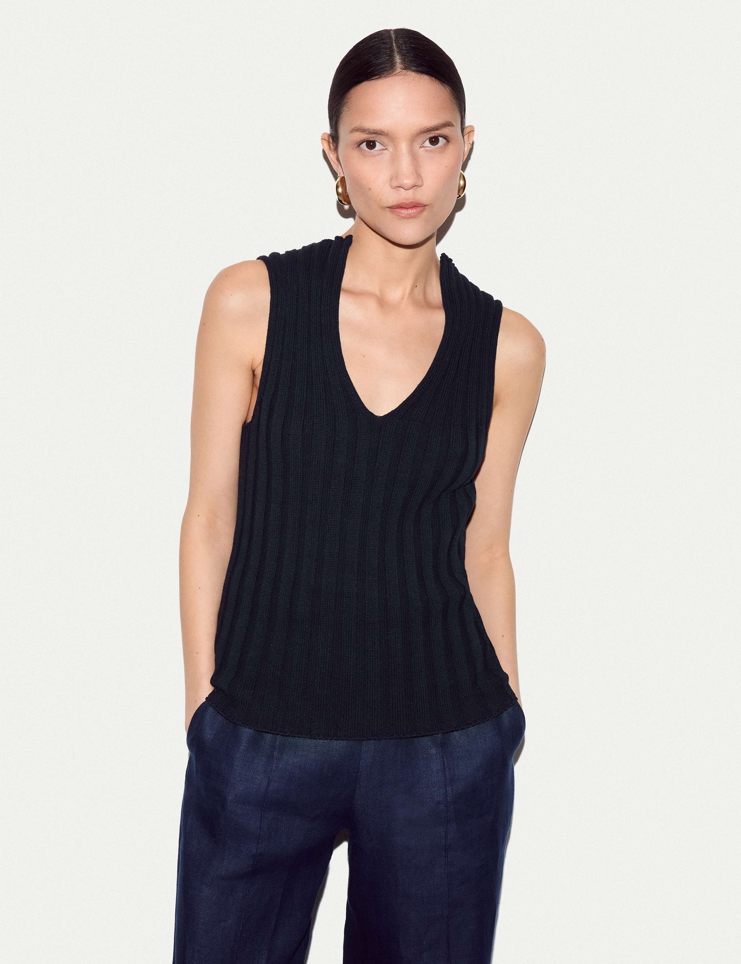 Pure Cotton Ribbed Scoop Neck Knitted Vest