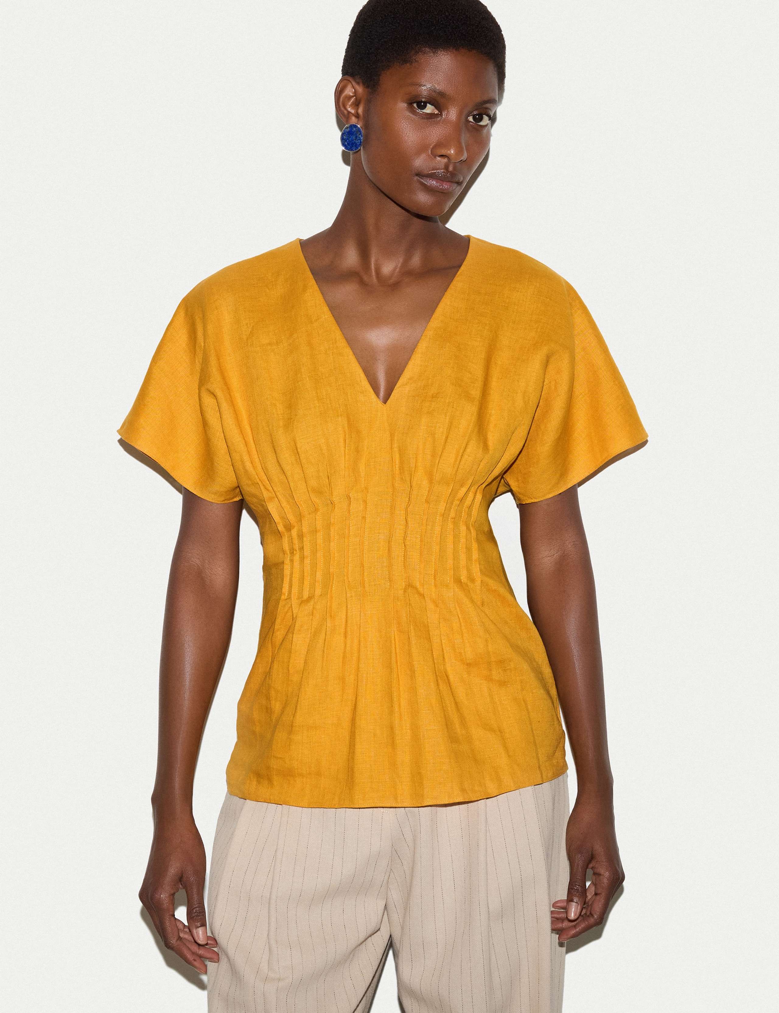 Pure Linen V-Neck Pintuck Waist Top