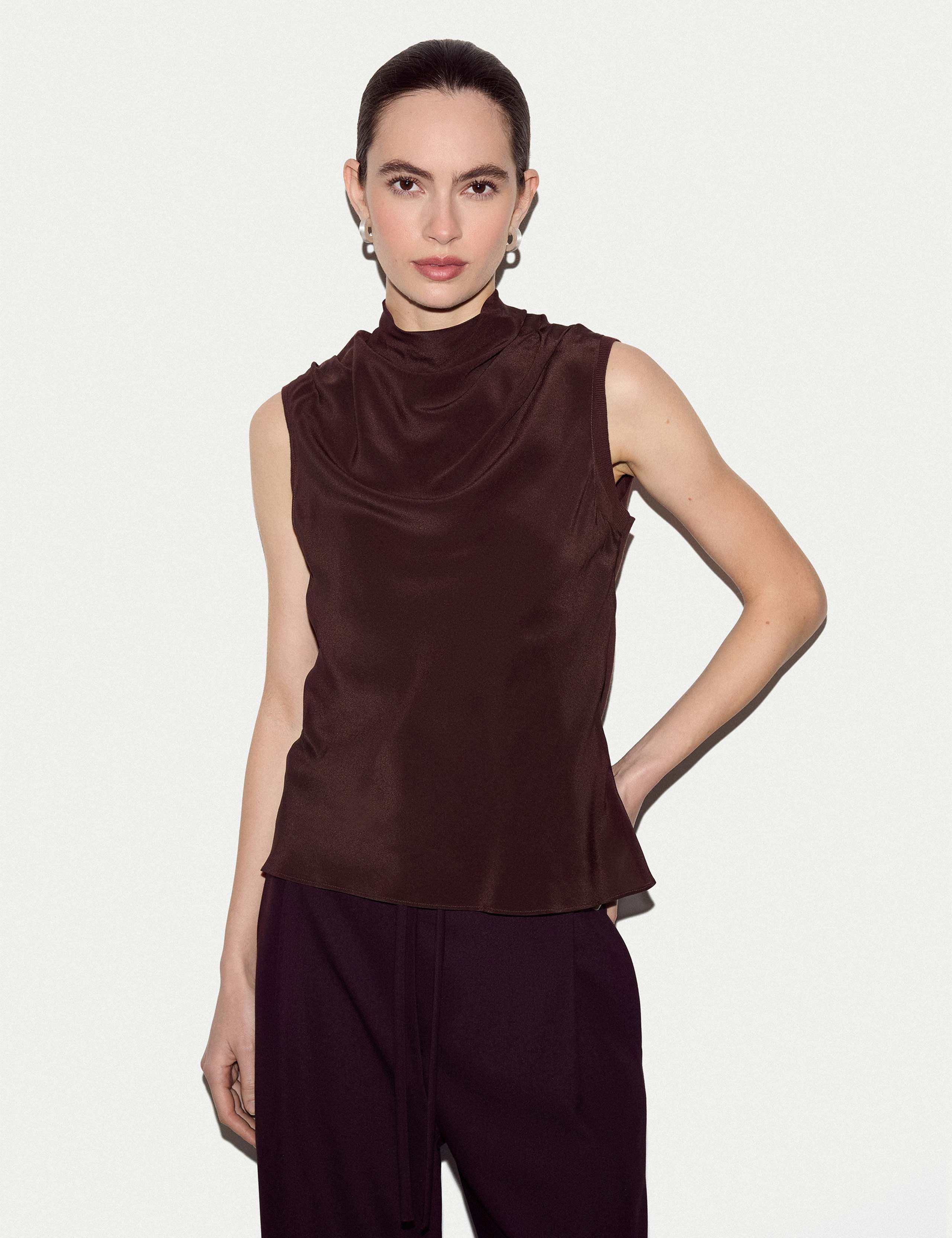 Silk Cotton Blend Textured Cowl Neck Top