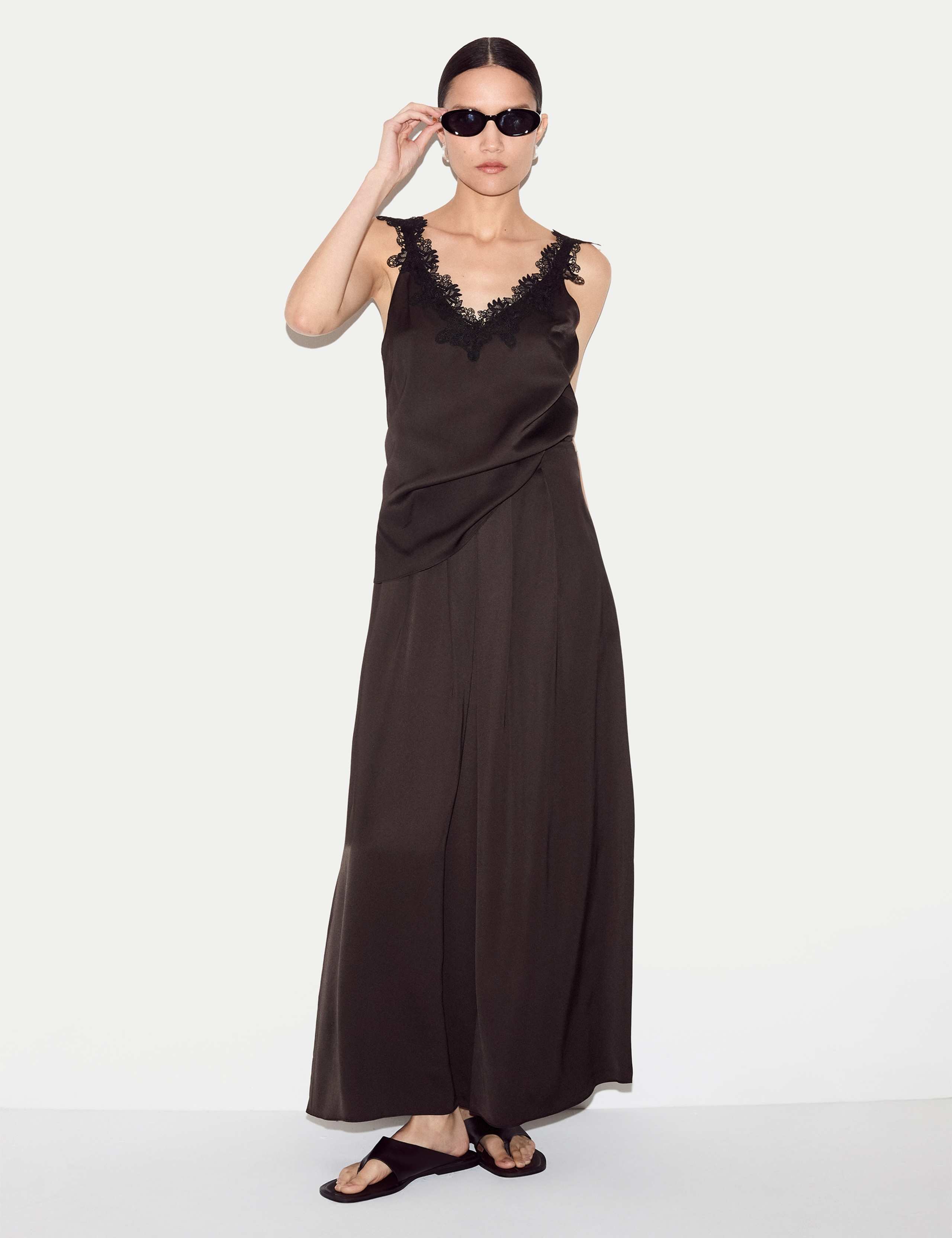 Satin Pleated Wide Leg Ankle Grazer Trousers