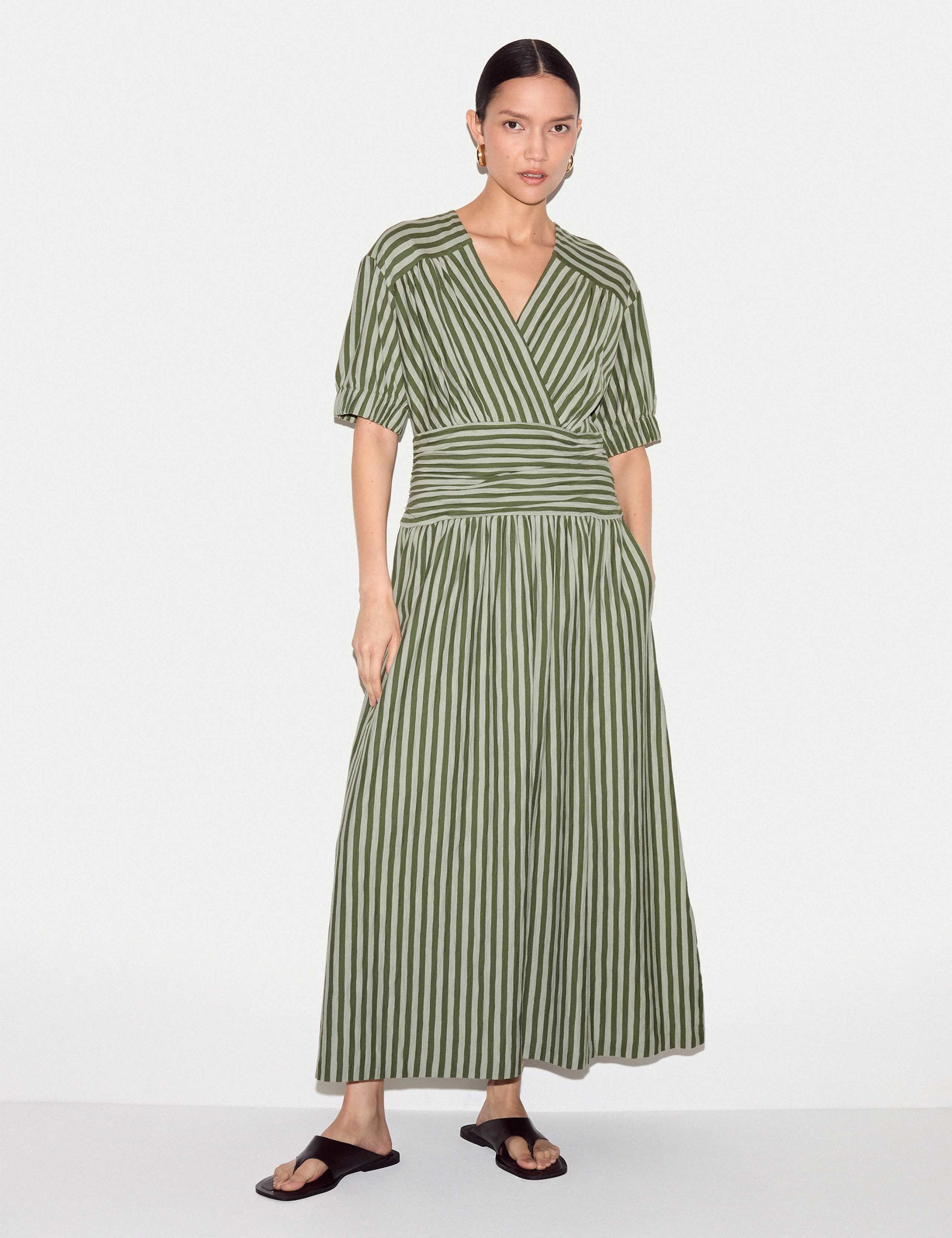 Jersey Striped V-Neck Midi Waisted Dress