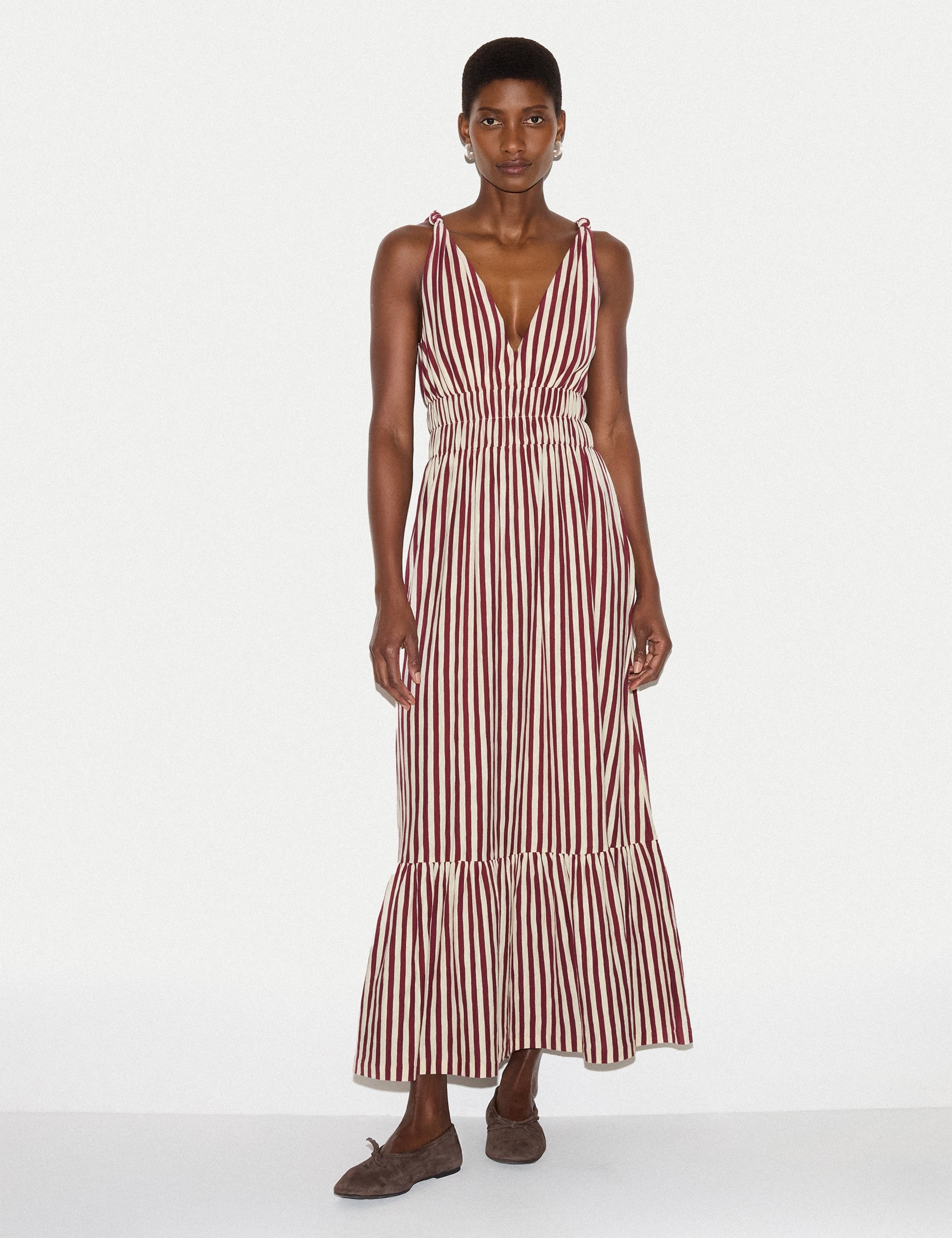 Pure Cotton Striped Midaxi Shirred Dress