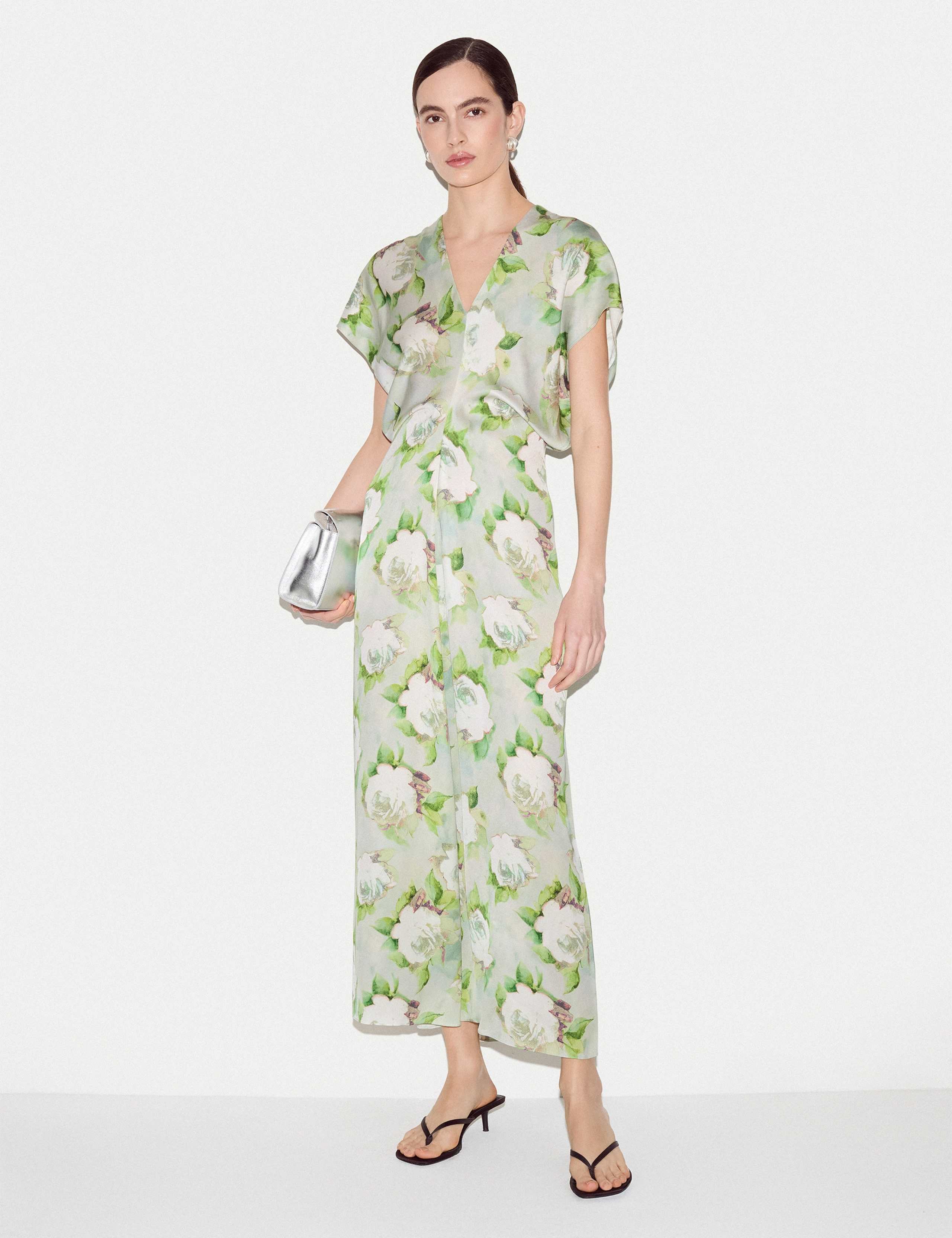 Satin Sketch Rose V-Neck Midaxi Tea Dress