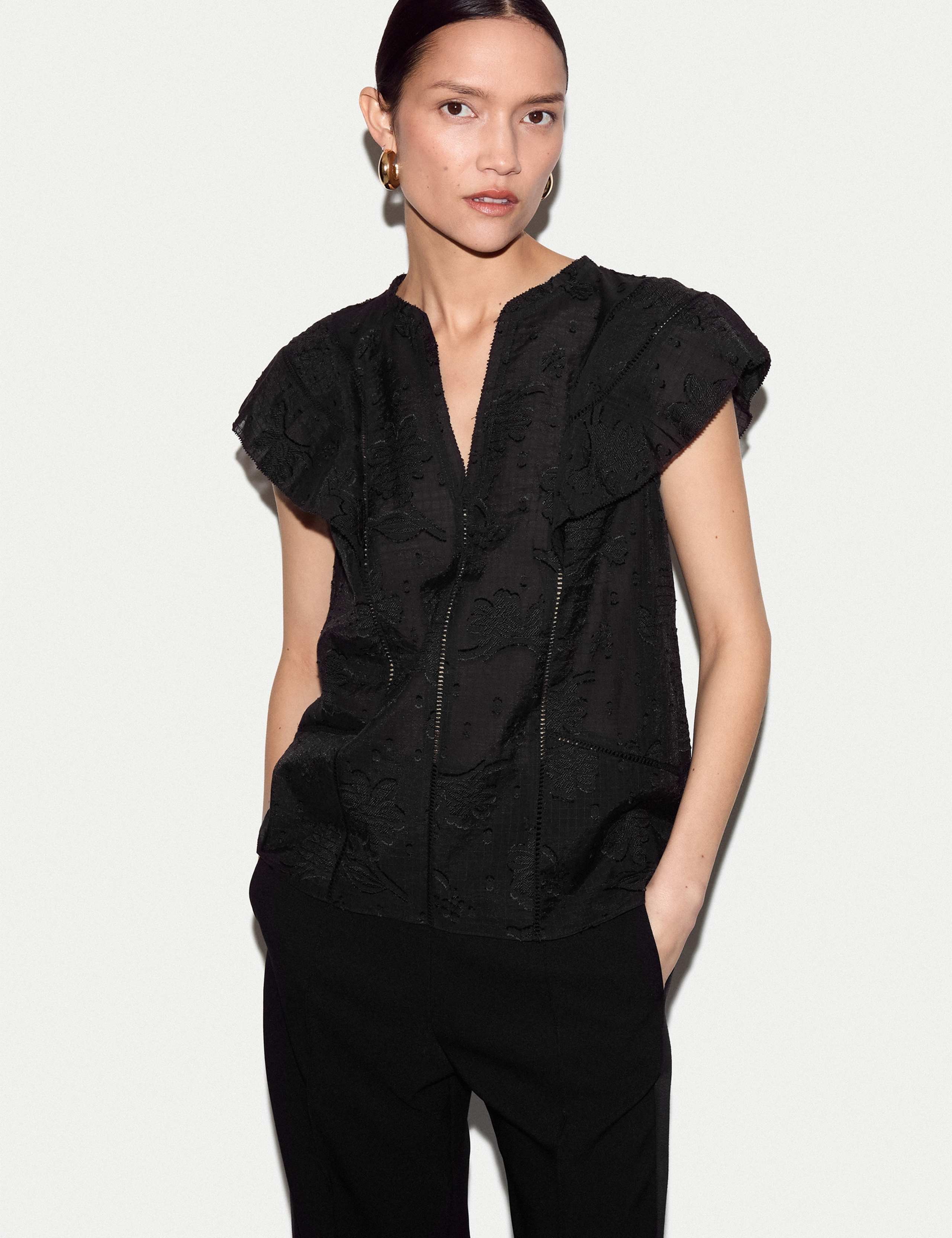 Cotton Blend Embroidered Floral Jacquard Top