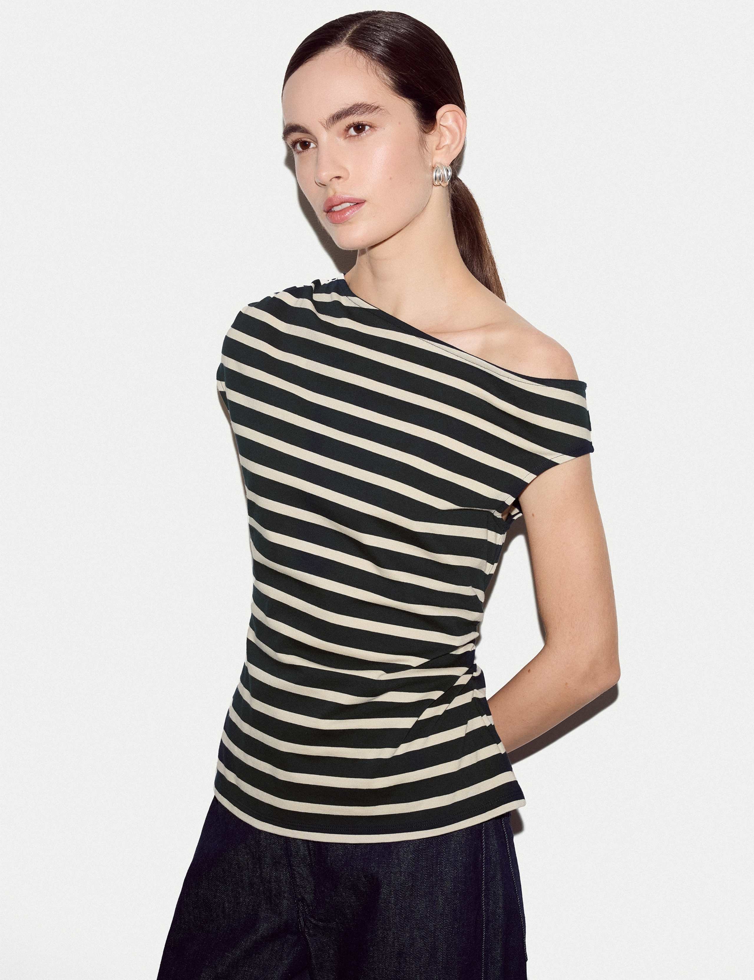 Pure Cotton Striped Off the Shoulder T-Shirt