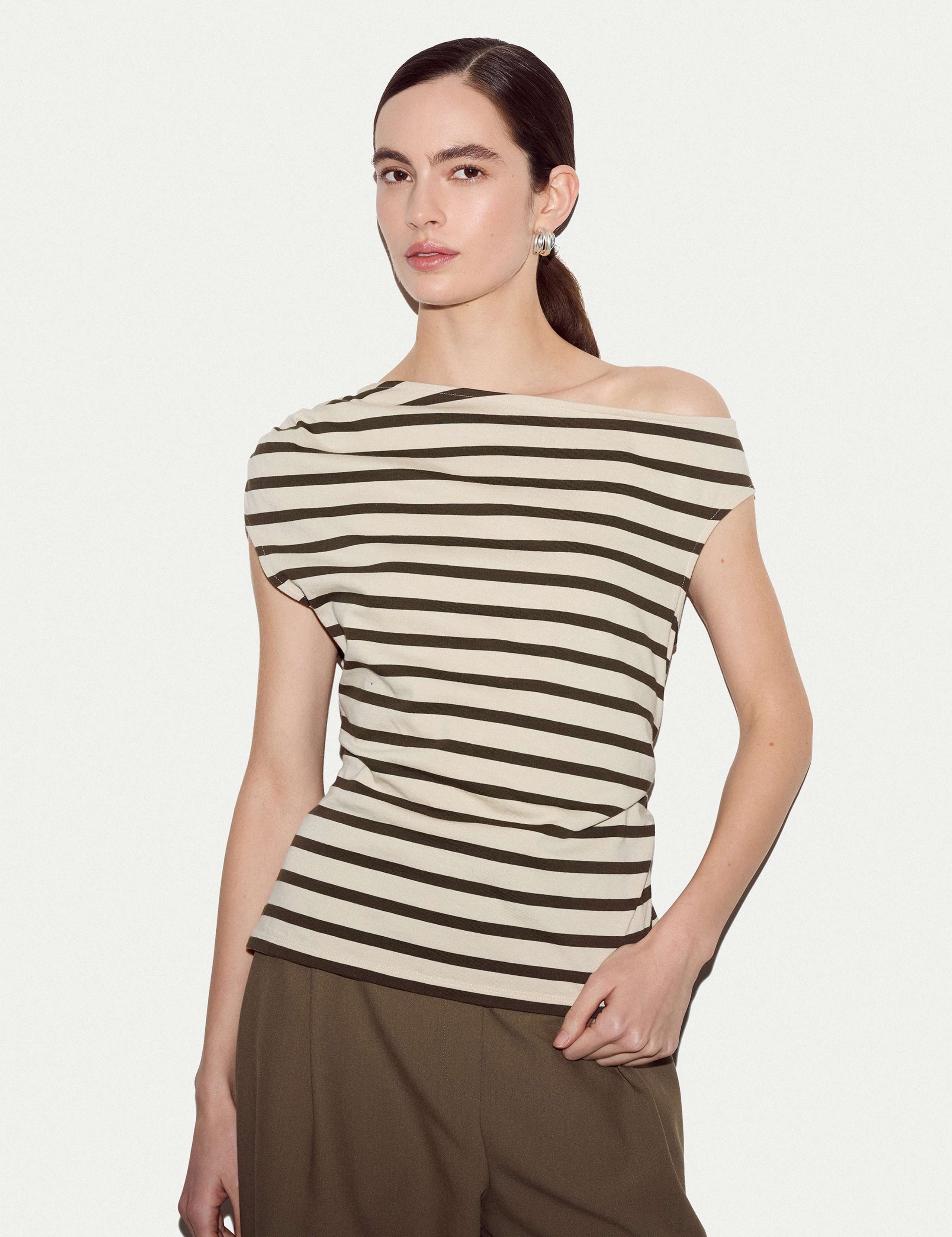 Pure Cotton Striped Off the Shoulder T-Shirt