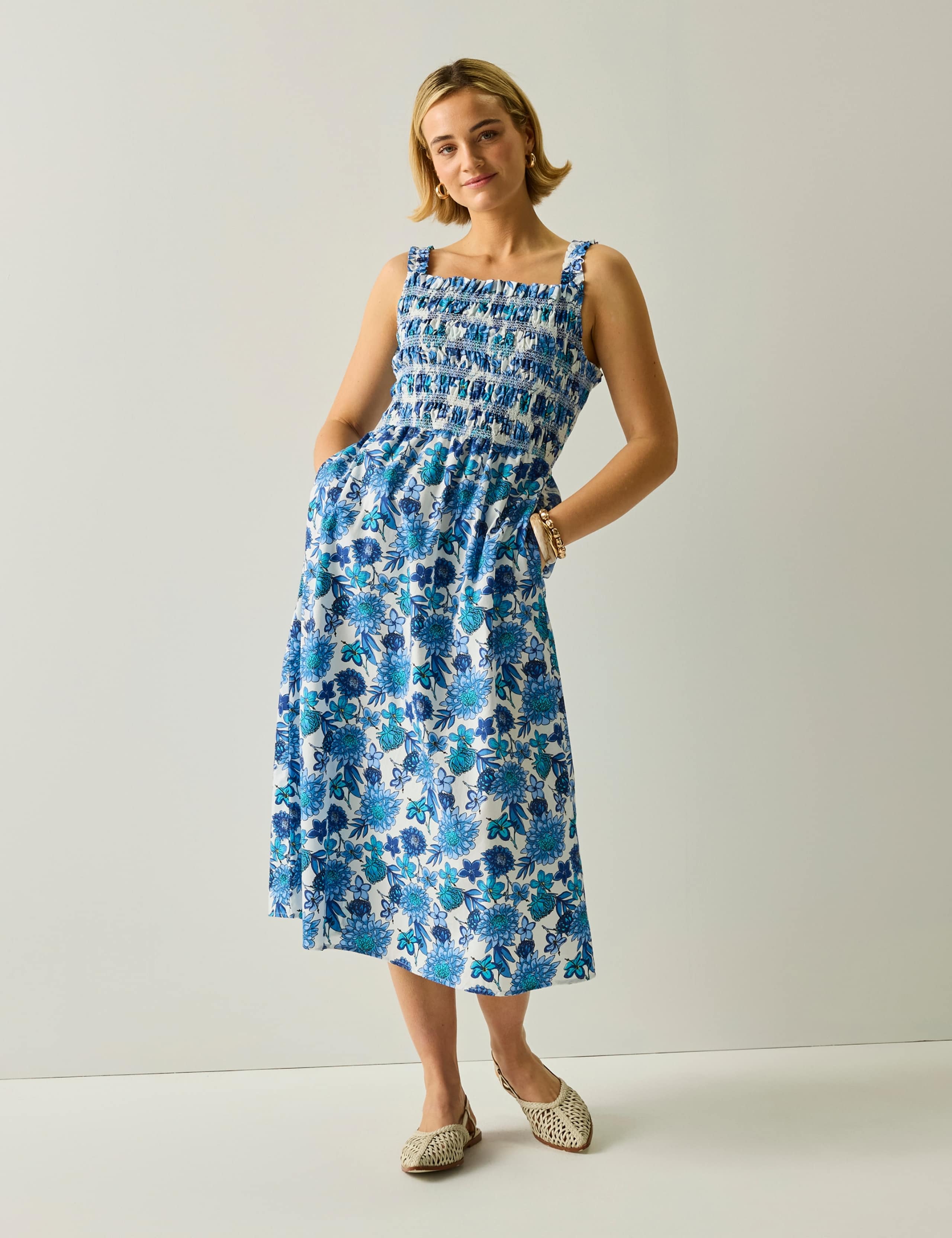 Matira Pure Cotton Floral Midi Shirred Dress