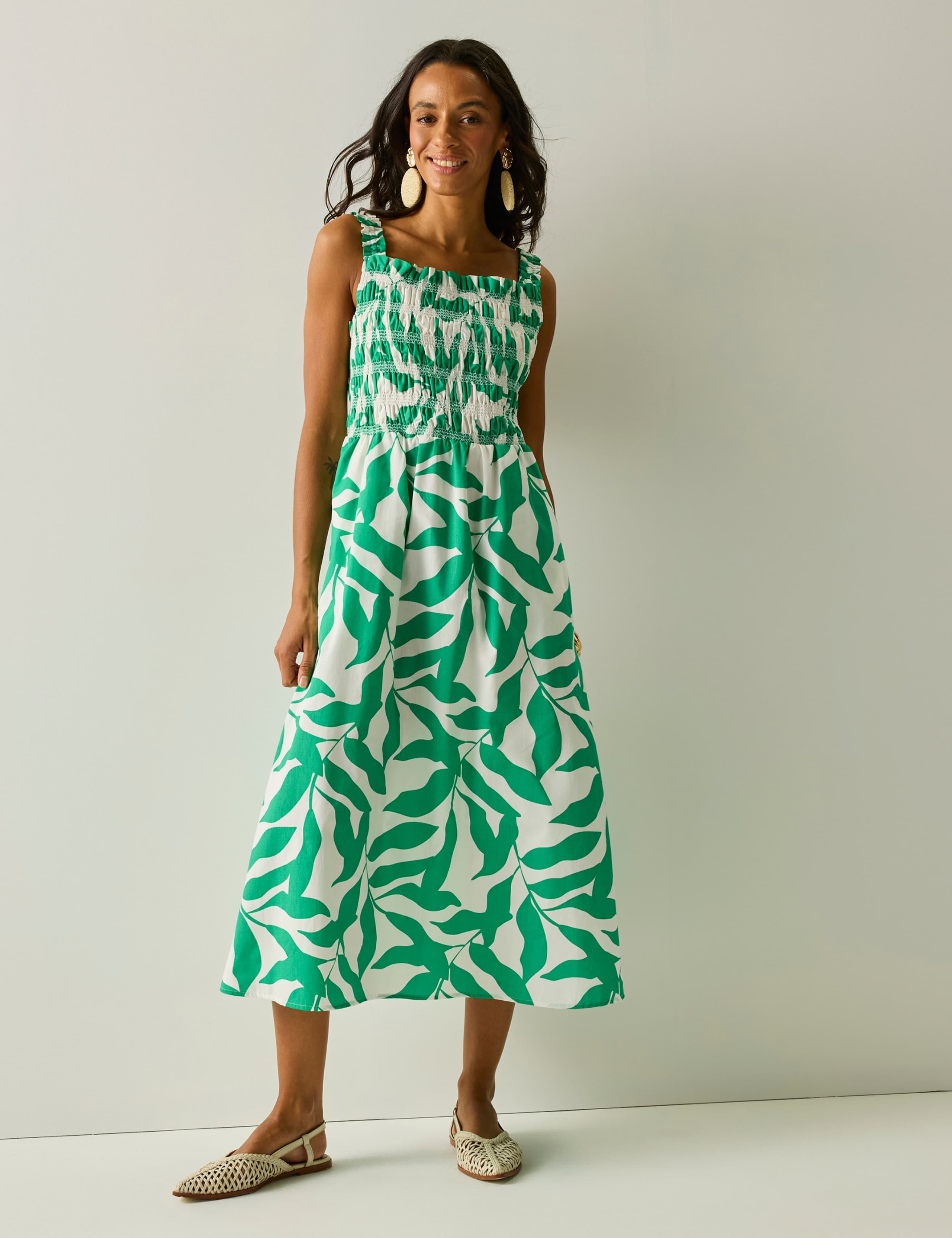 Pure Cotton Floral Square Neck Midi Shirred Dress