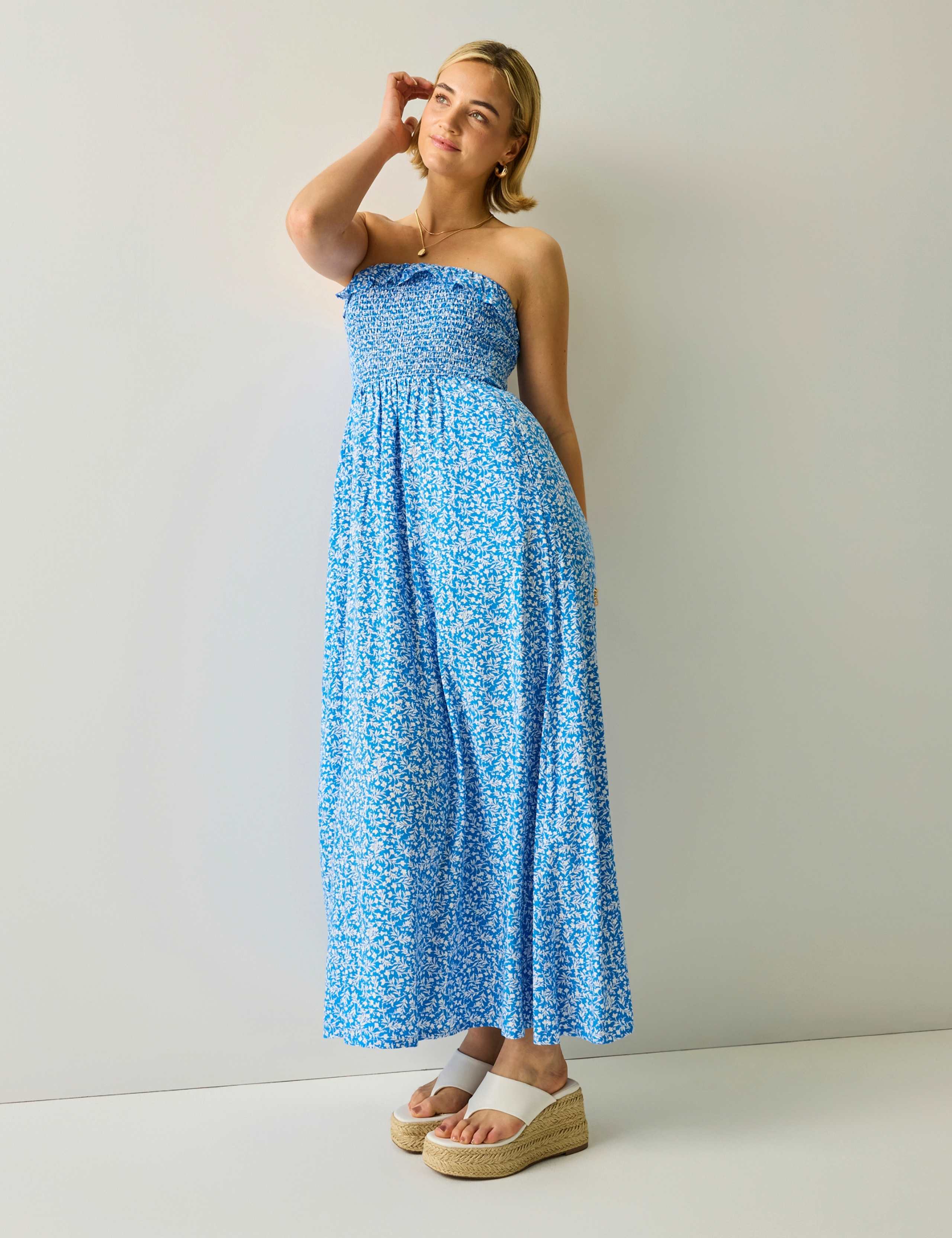 Floral Bandeau Shirred Maxi Swing Dress