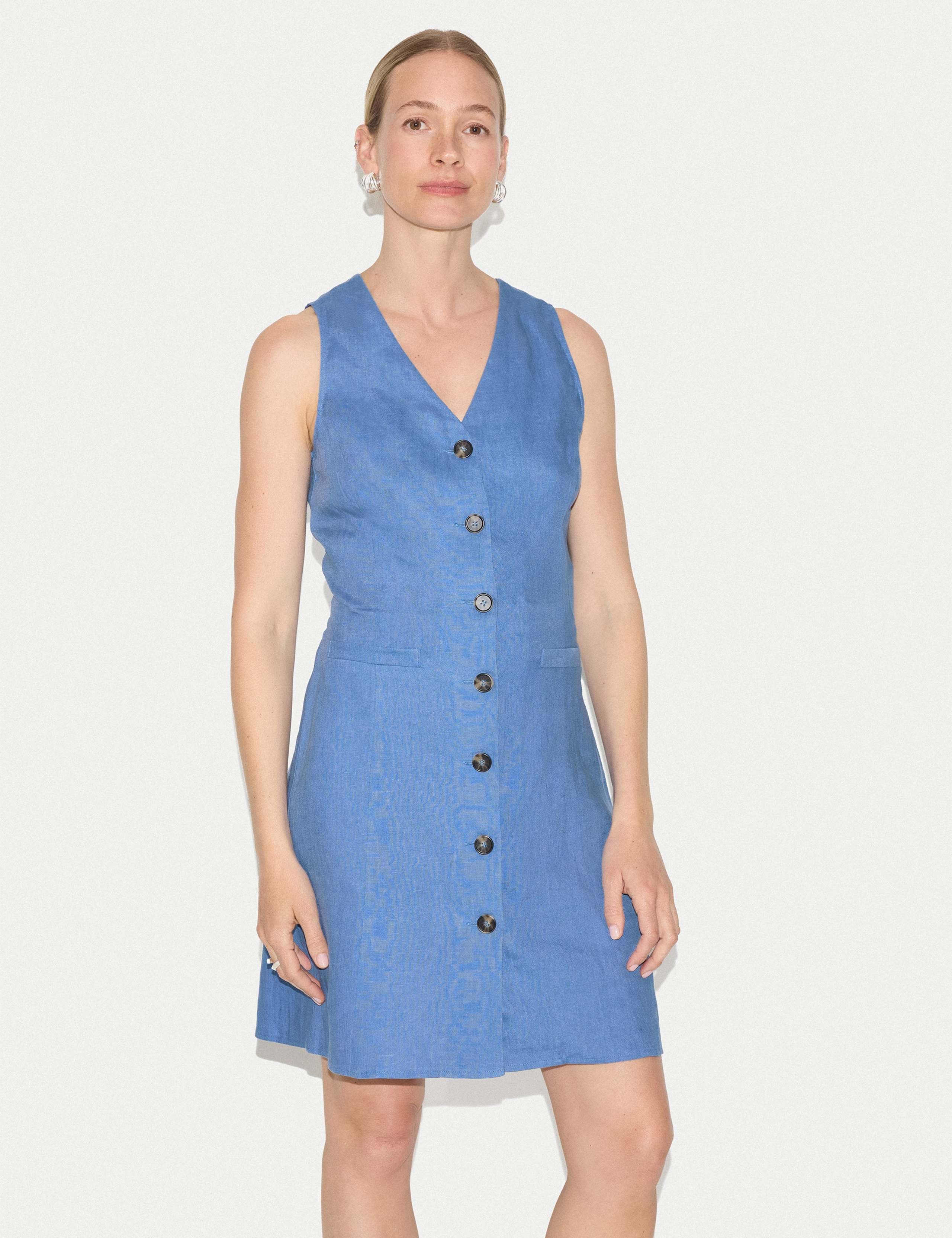 Pure Linen V-Neck Mini Tailored Dress