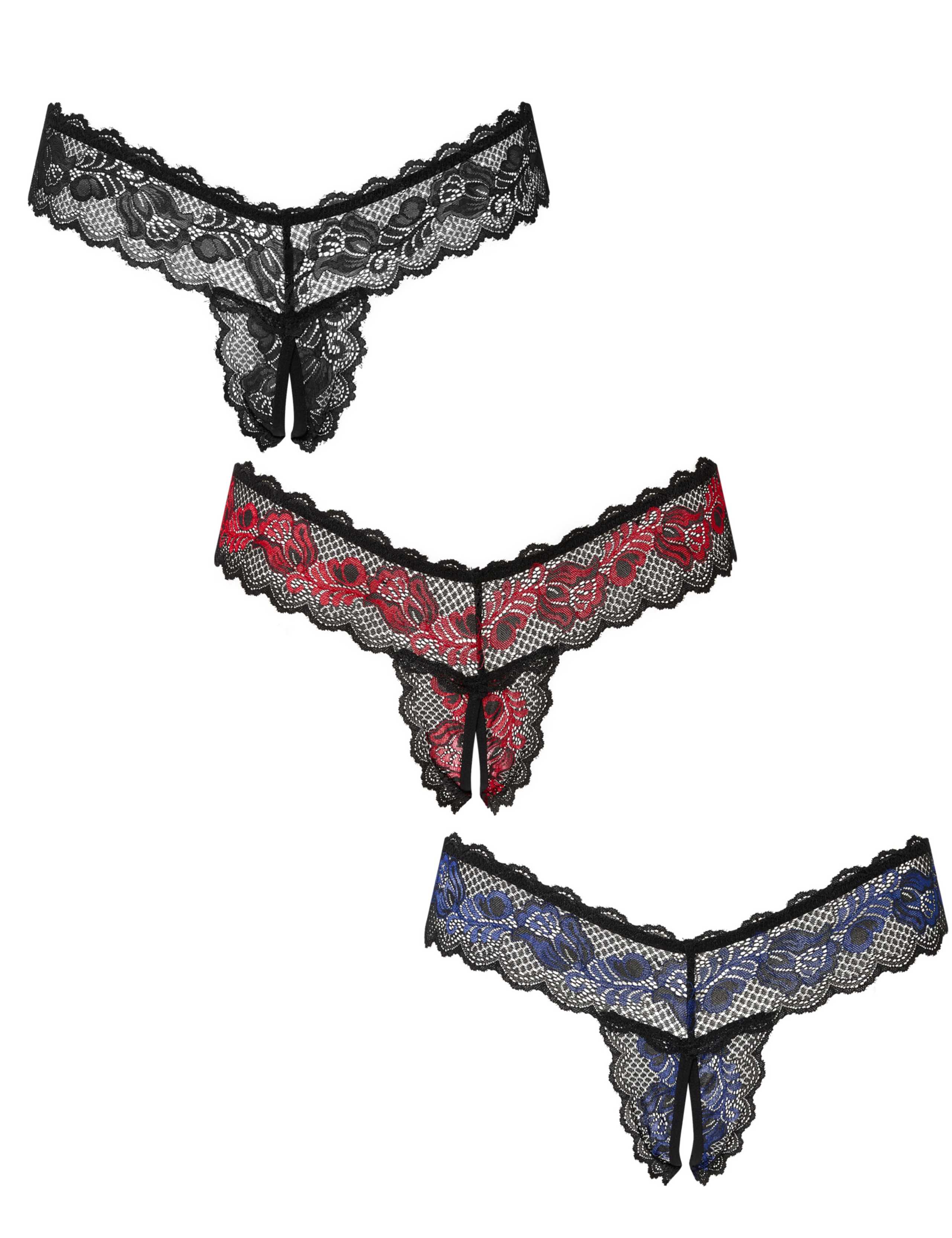 3 Pack Lace Crotchless Thongs