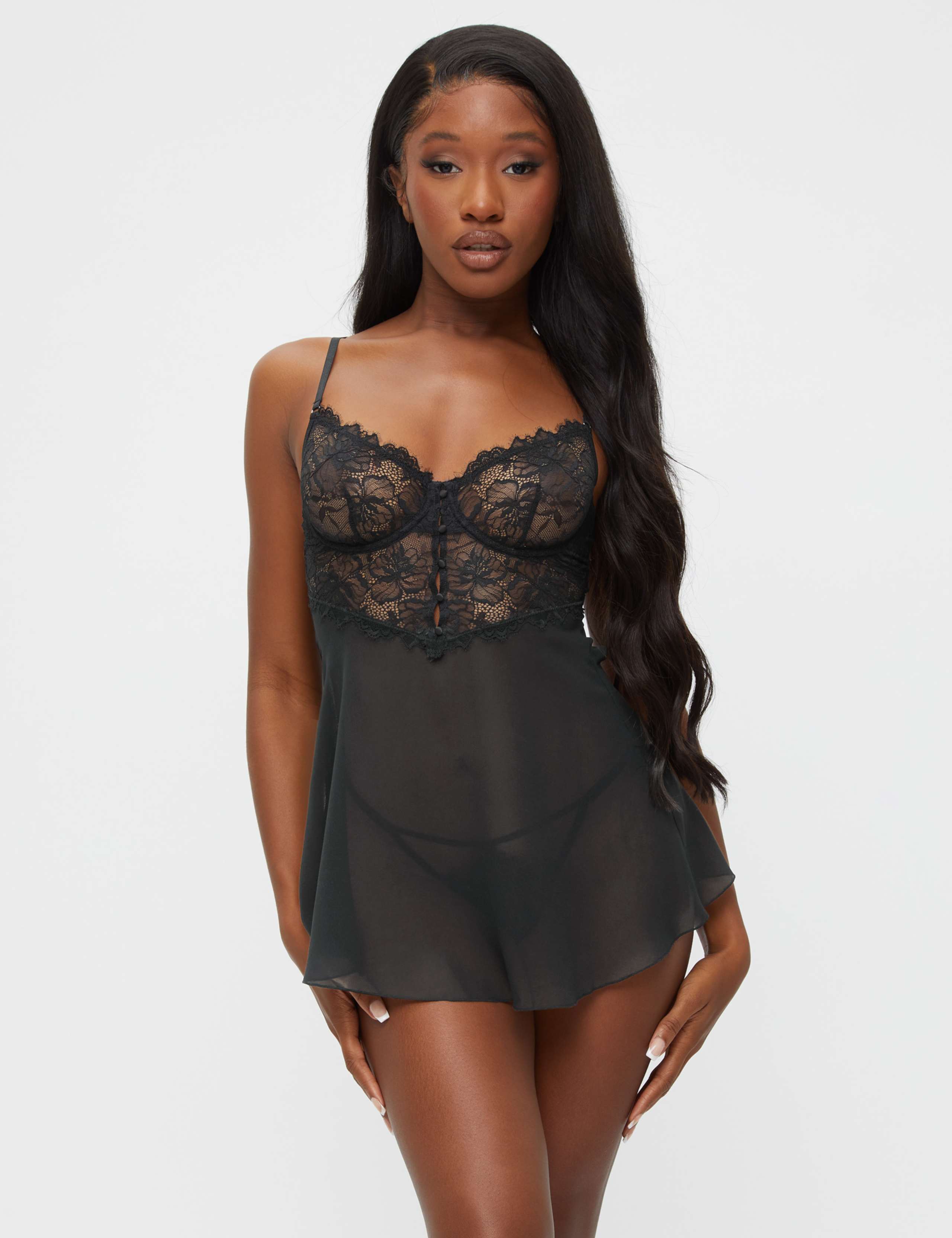 Lace & Chiffon Wired Babydoll & Thong Set