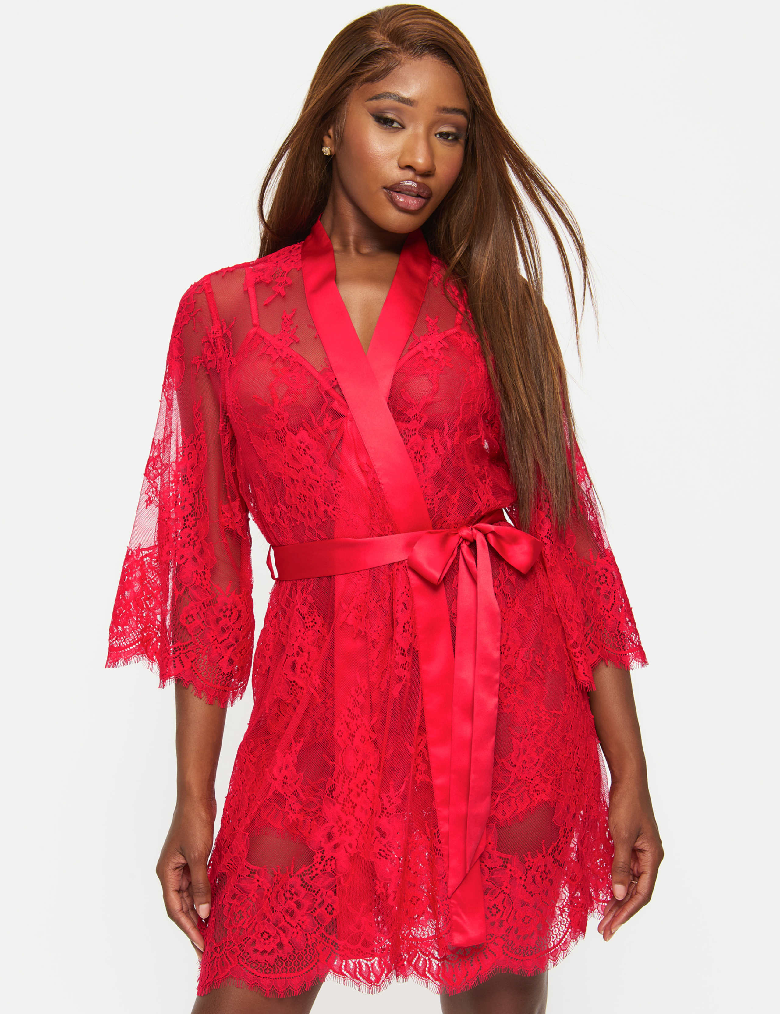 Lace Satin Trim Wide Sleeve Robe