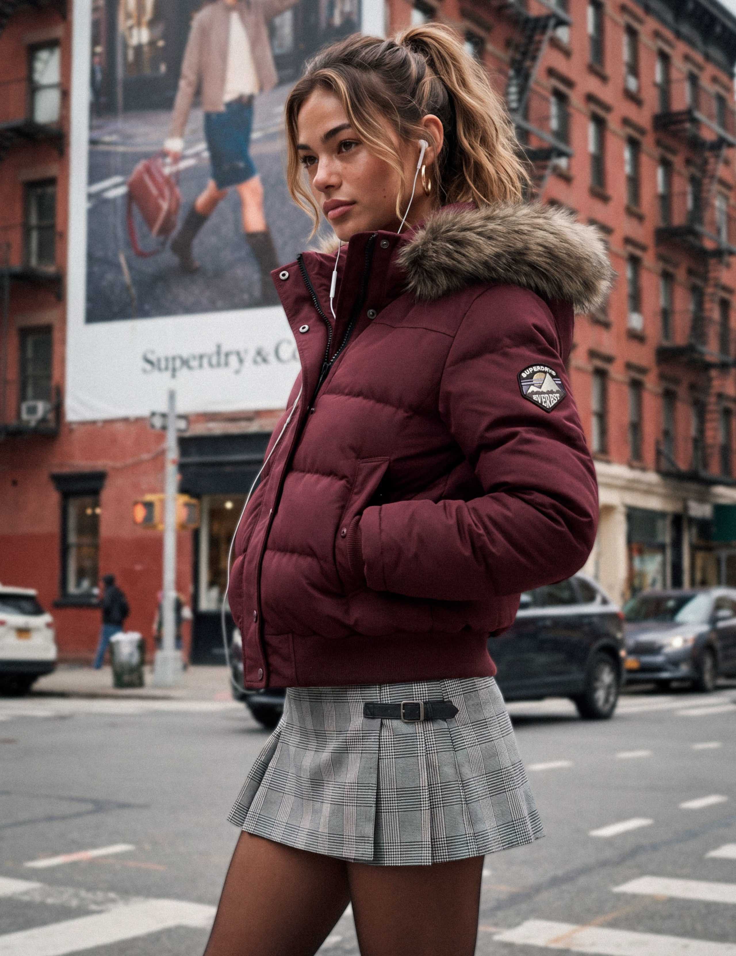 Hooded Faux Fur Trim High Neck Bomber Jacket