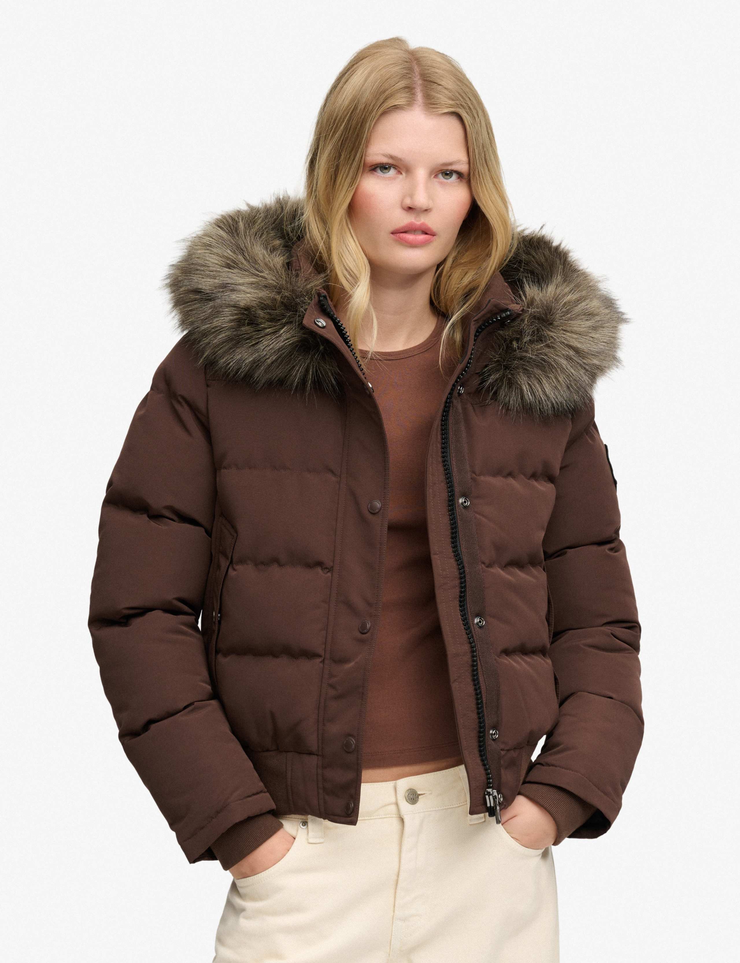 Hooded Faux Fur Trim High Neck Bomber Jacket