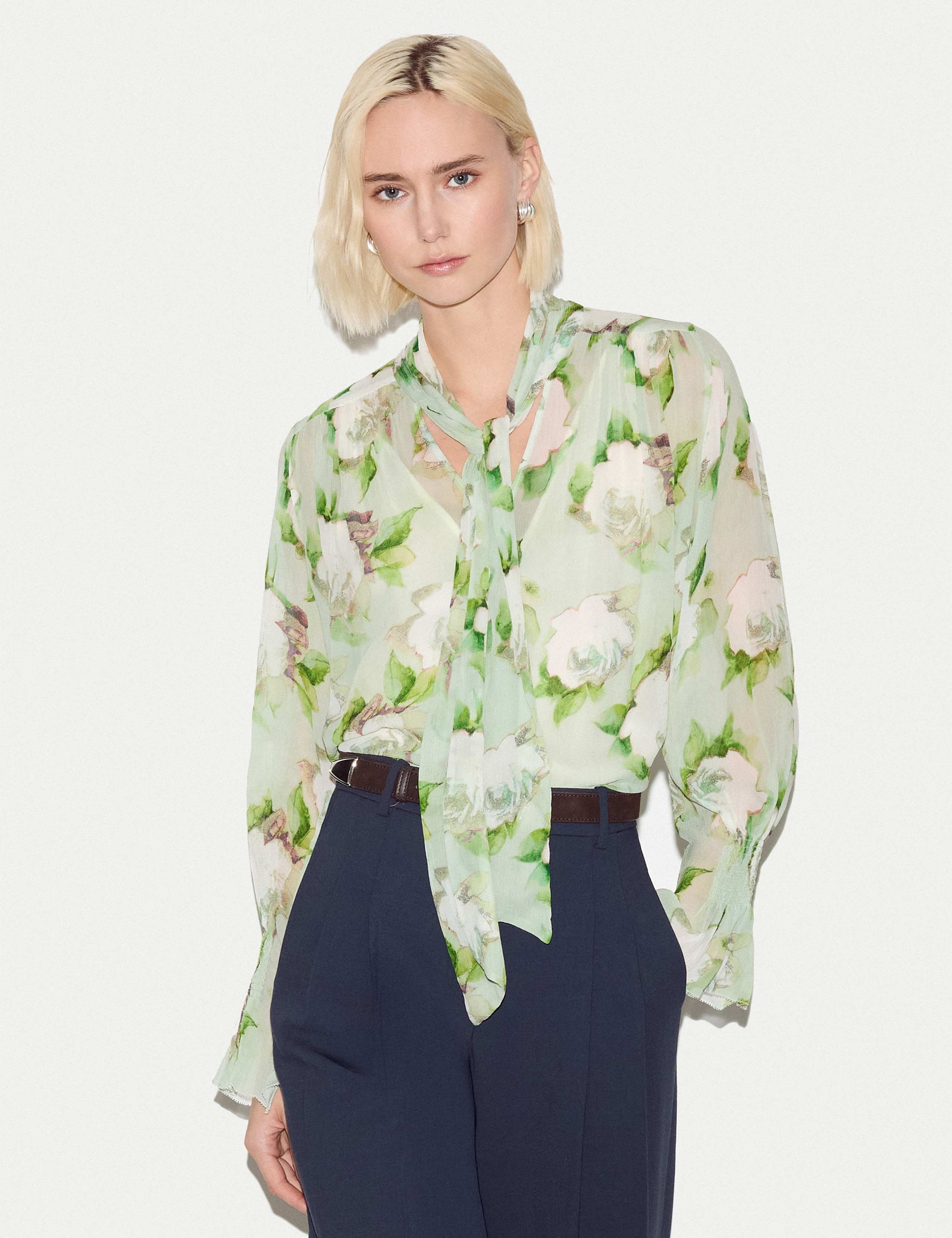Sheer Floral Tie Neck Shirred Cuff Blouse
