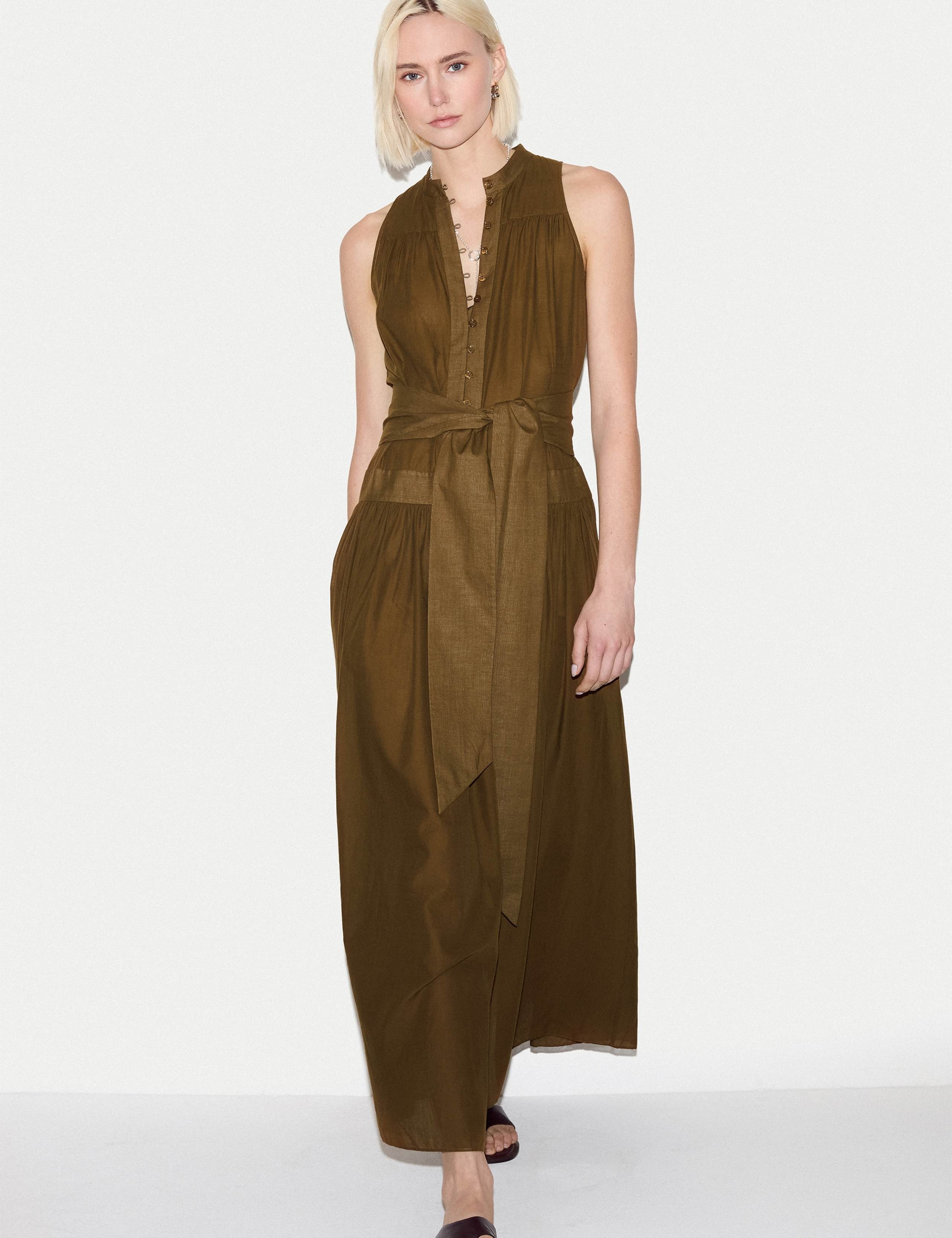 Pure Cotton High Neck Belted Maxi Dress