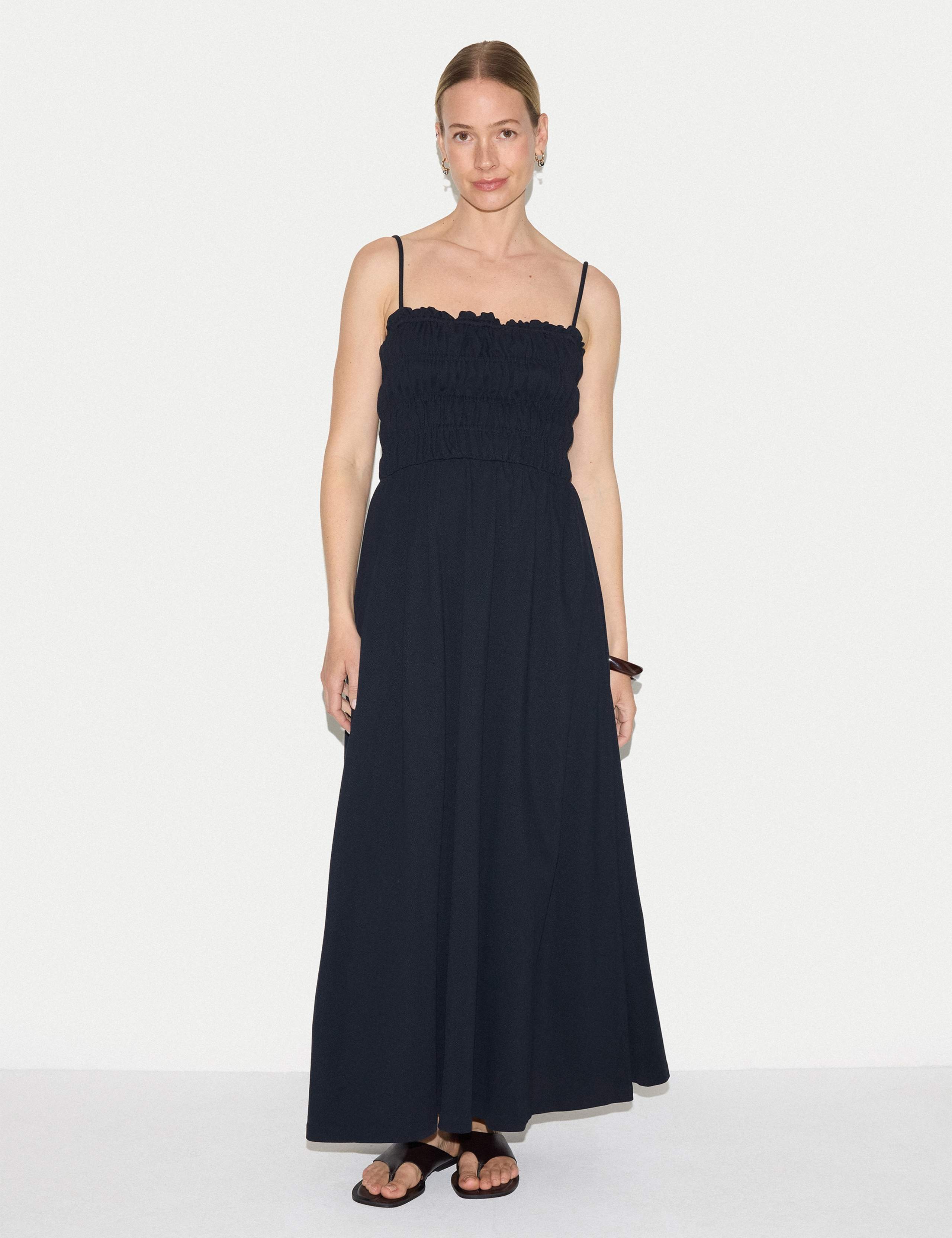 Cotton Rich Pique Strappy Maxi Shirred Dress