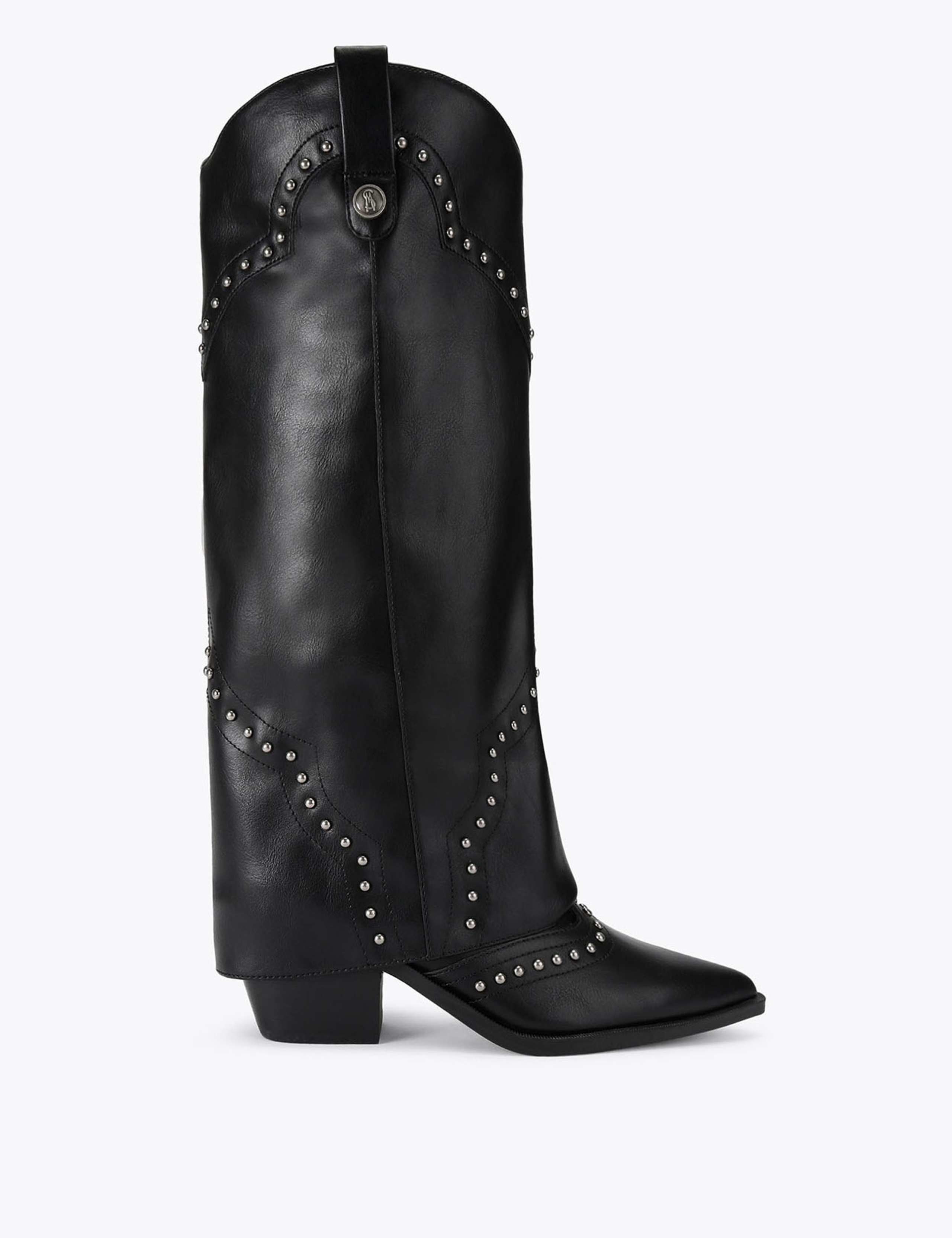 Leather Studded Block Heel Knee High Boots
