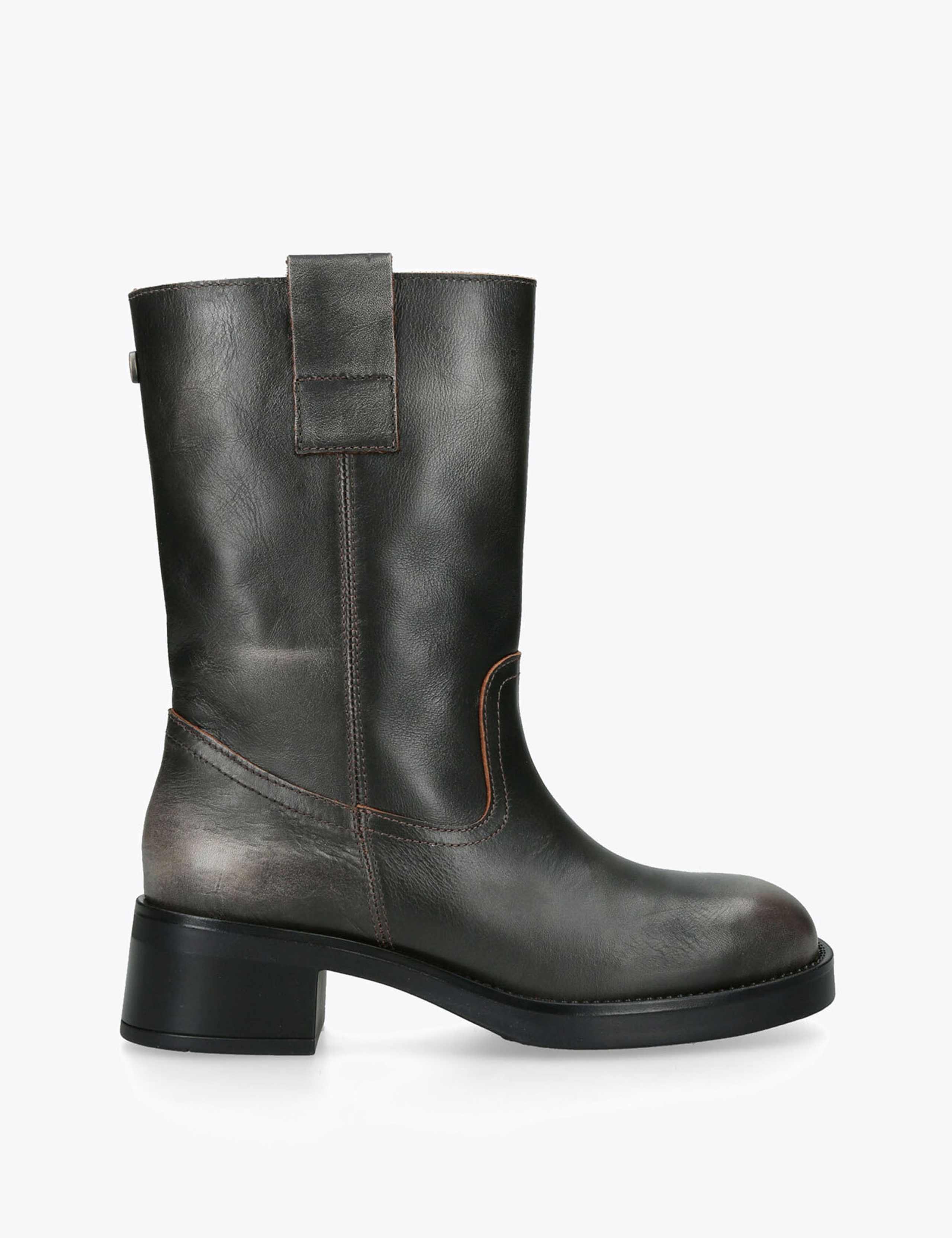 Leather Block Heel Mid Calf Boots