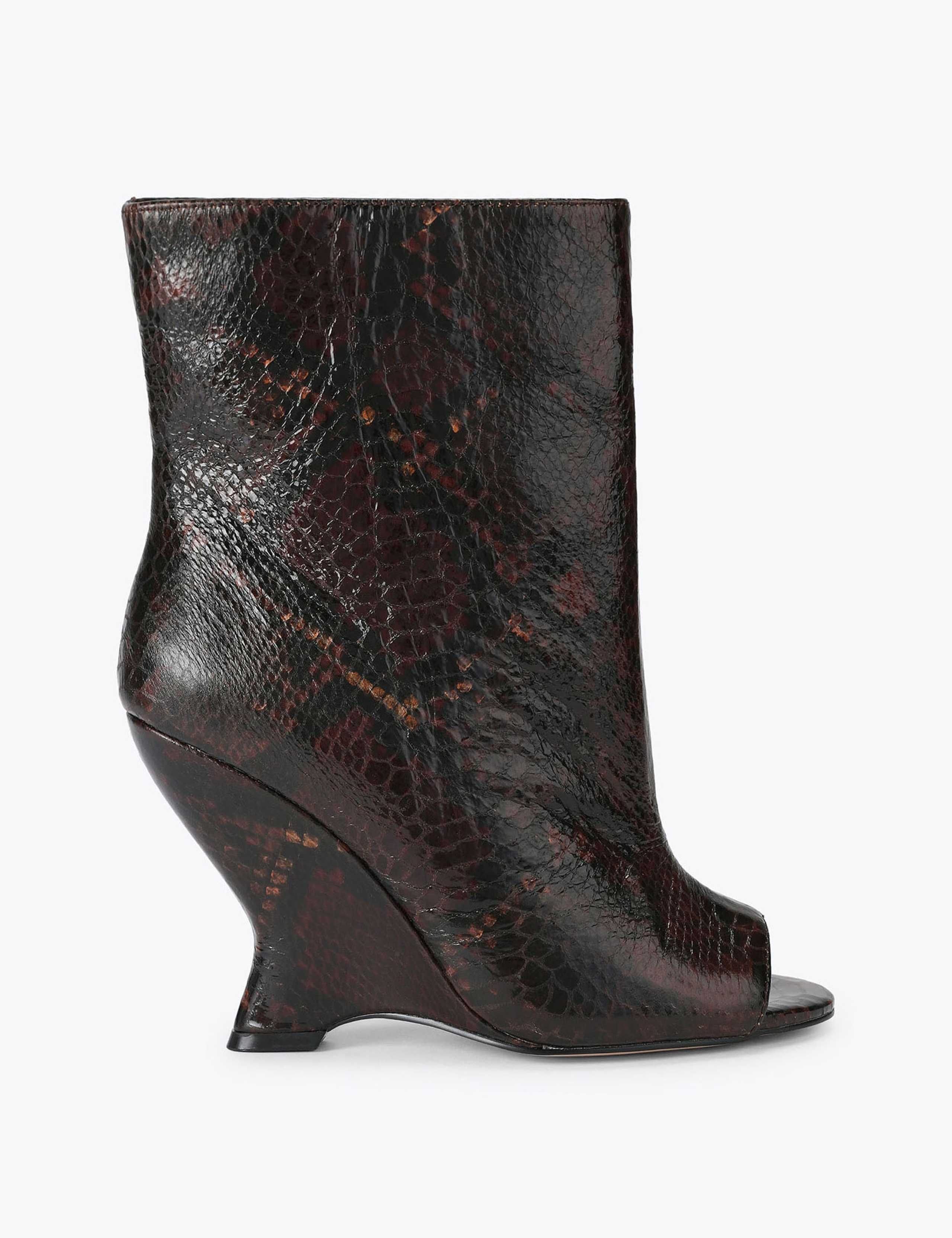 Leather Snakeskin Print Wedge Peep Toe Boots