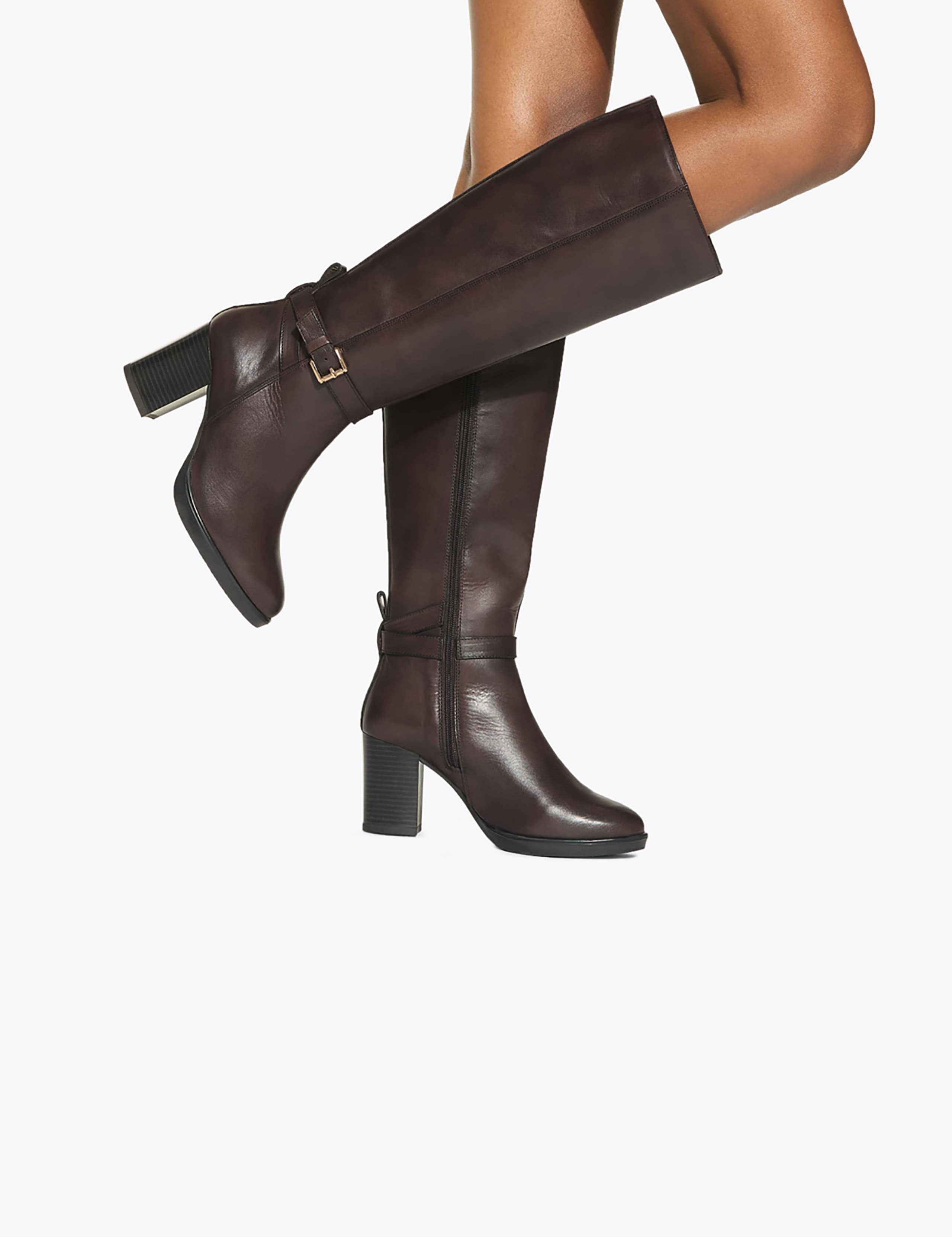Leather Buckle Block Heel Knee High Boots