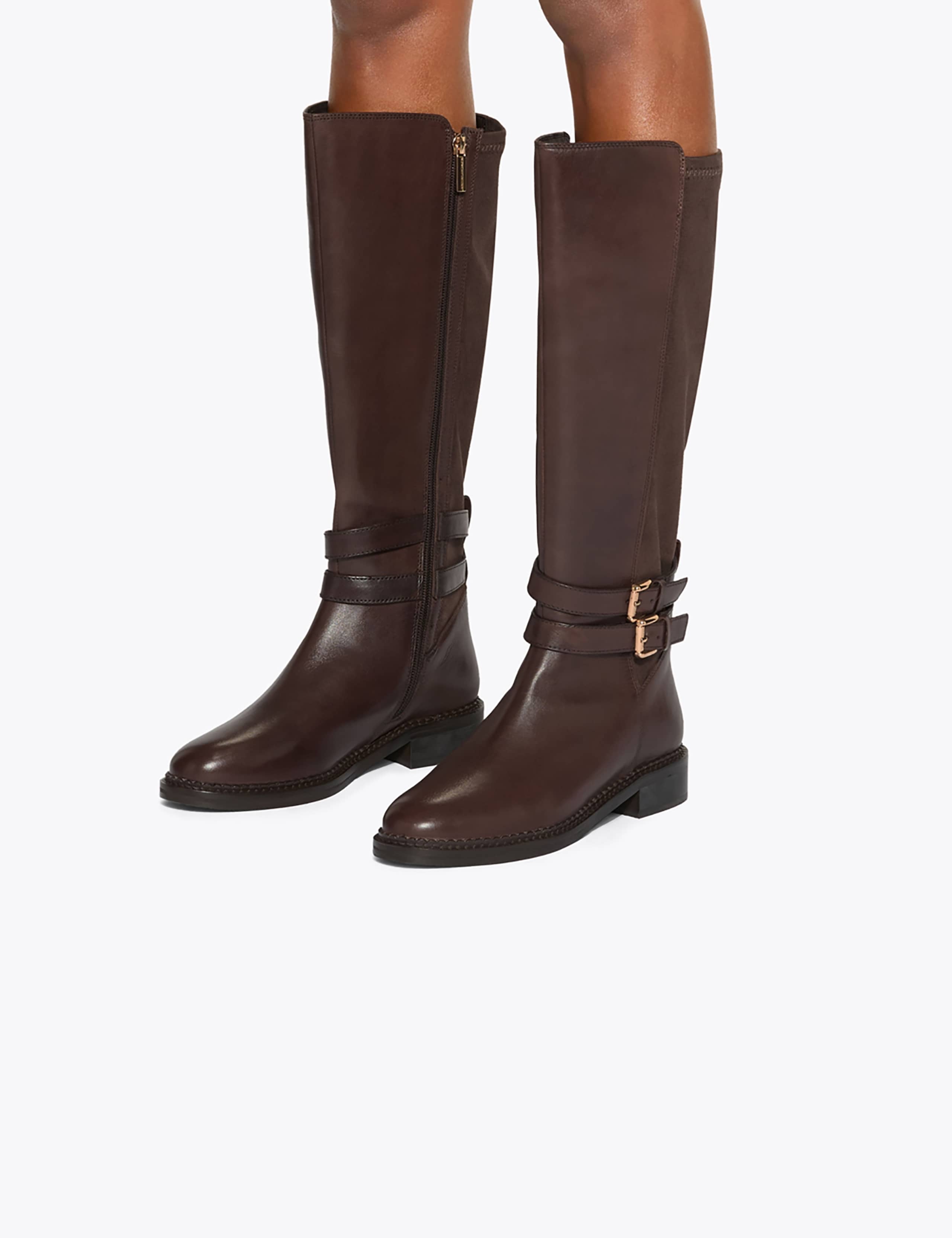 Leather Block Heel Round Toe Knee High Boots