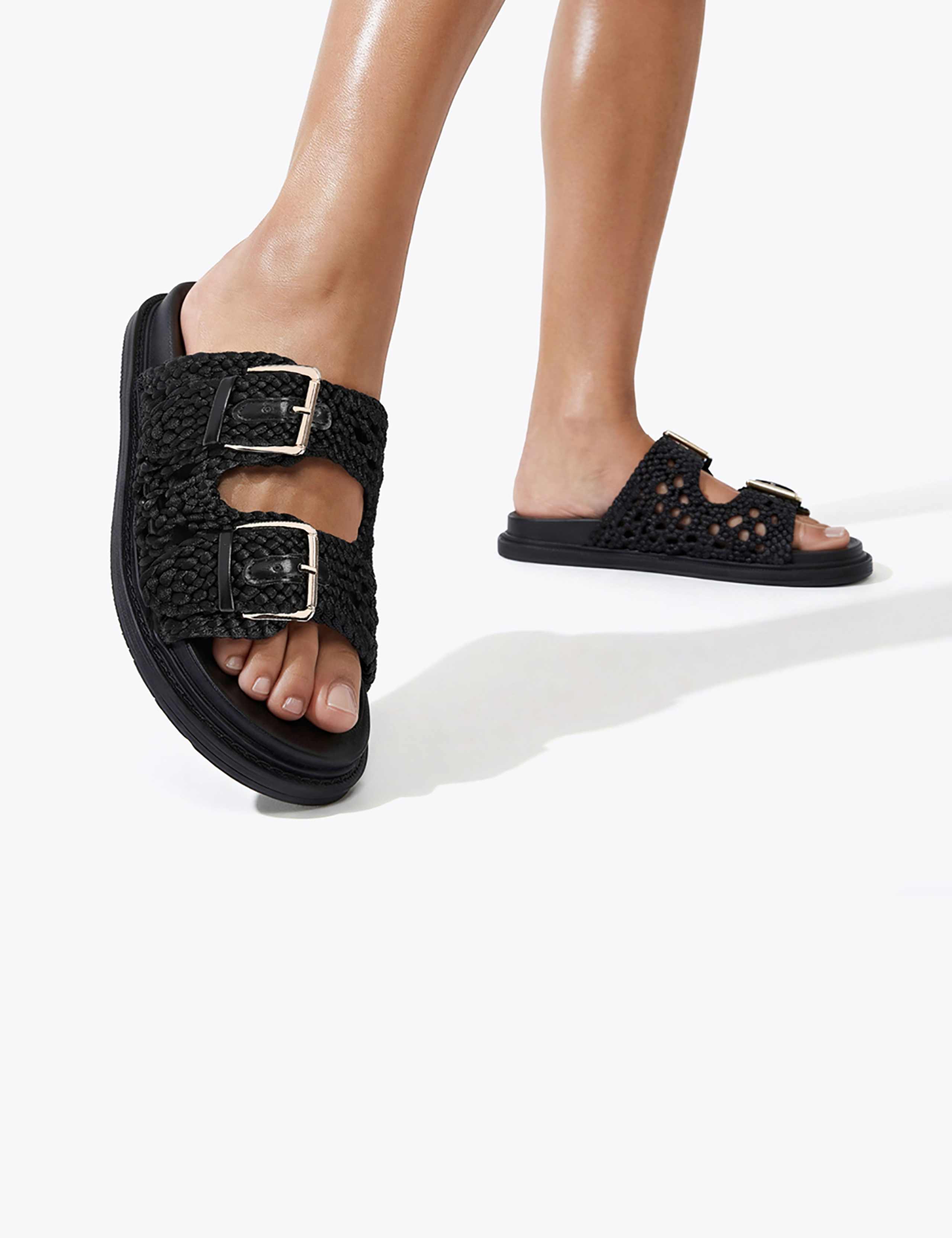 Woven Buckle Flat Footbed Sliders