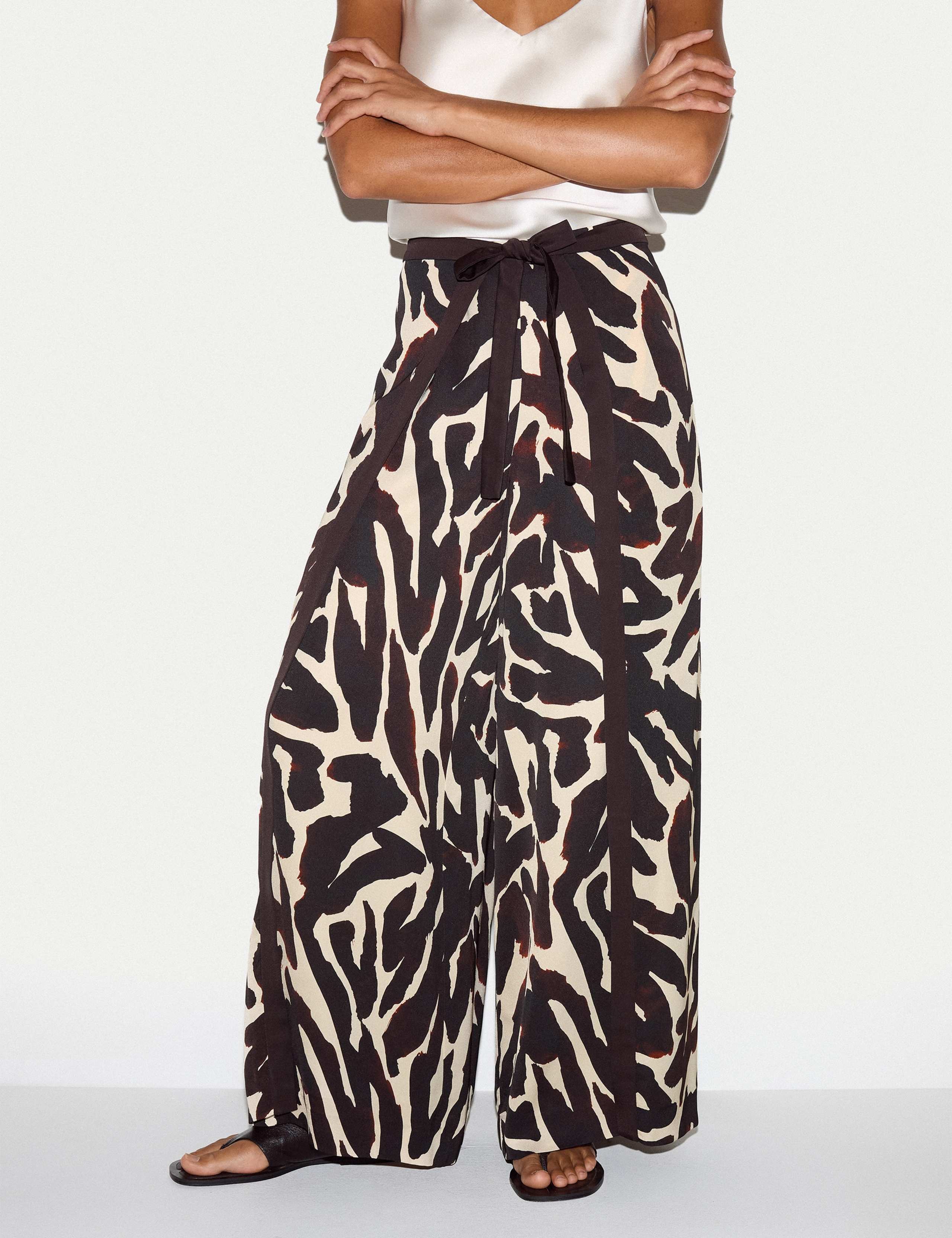 Satin Zebra Print Wrap Wide Leg Trousers