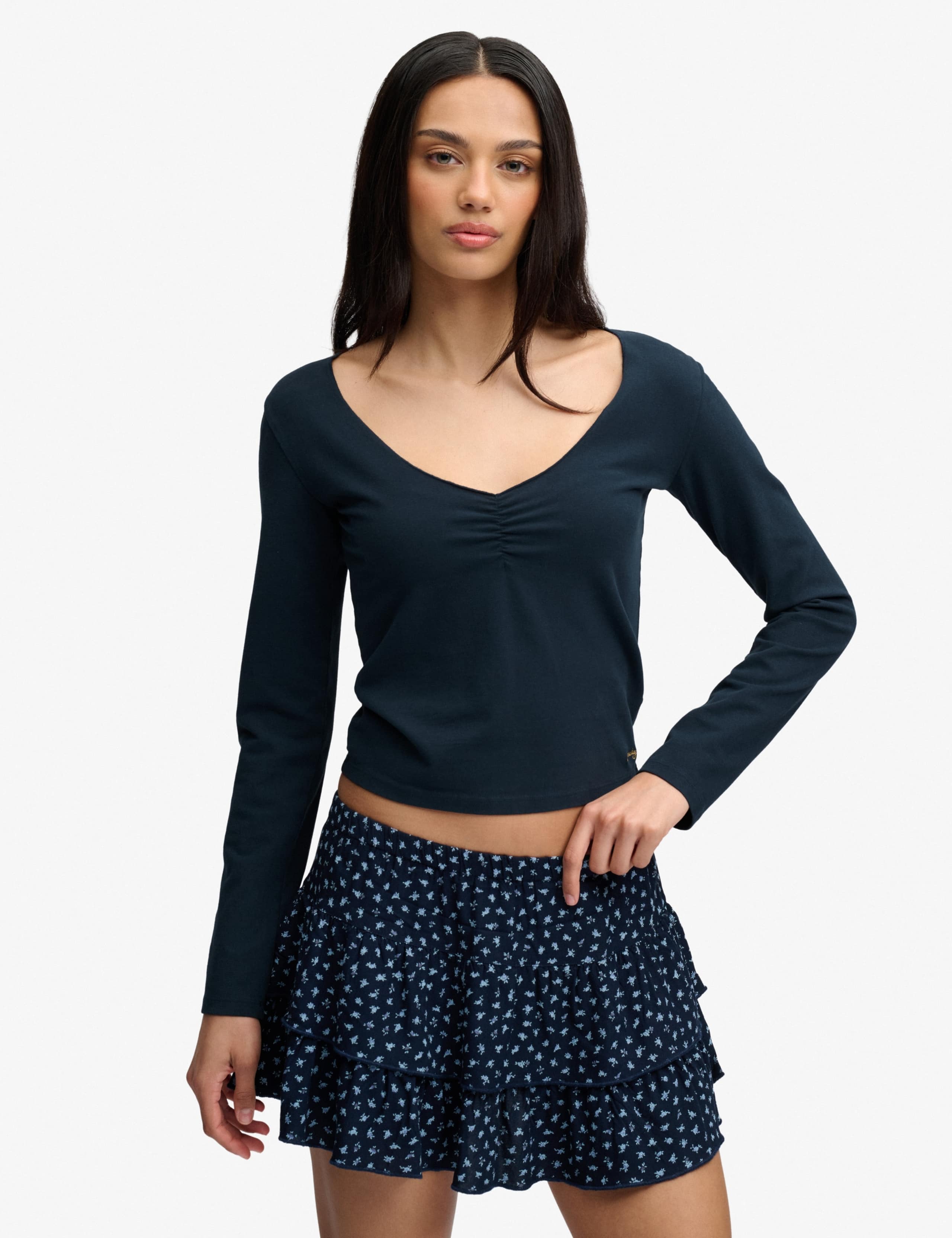 Cotton Rich Gathered V-Neck Top