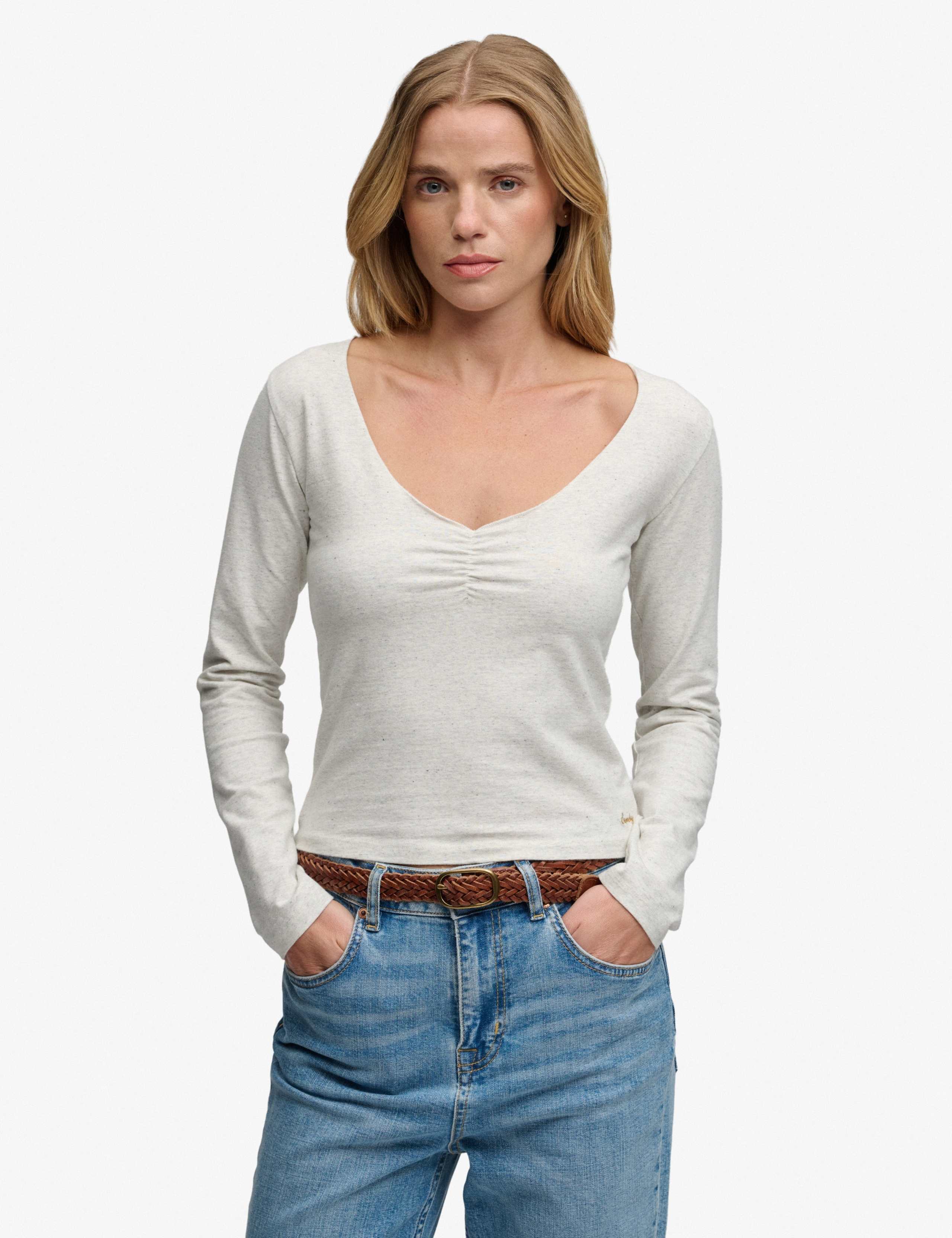 Cotton Rich Gathered V-Neck Top