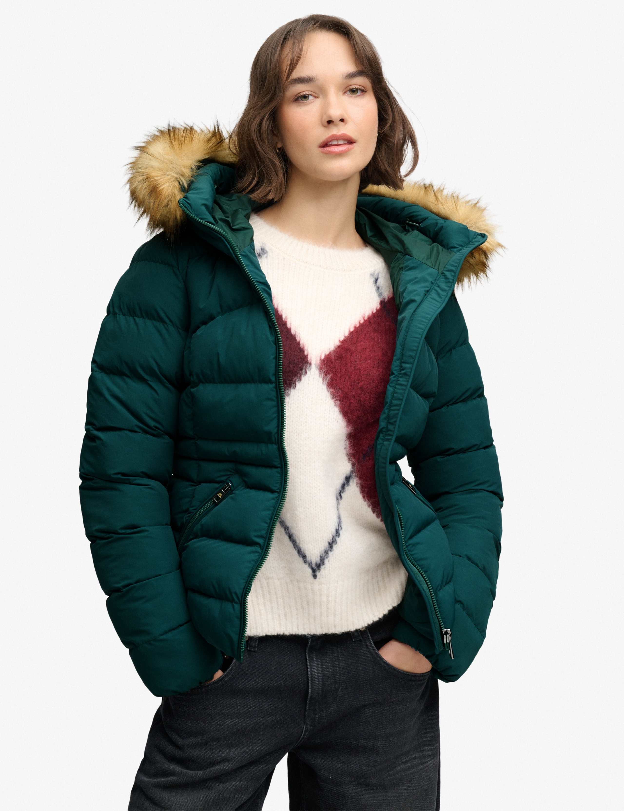 Hooded Faux Fur Trim Puffer Jacket