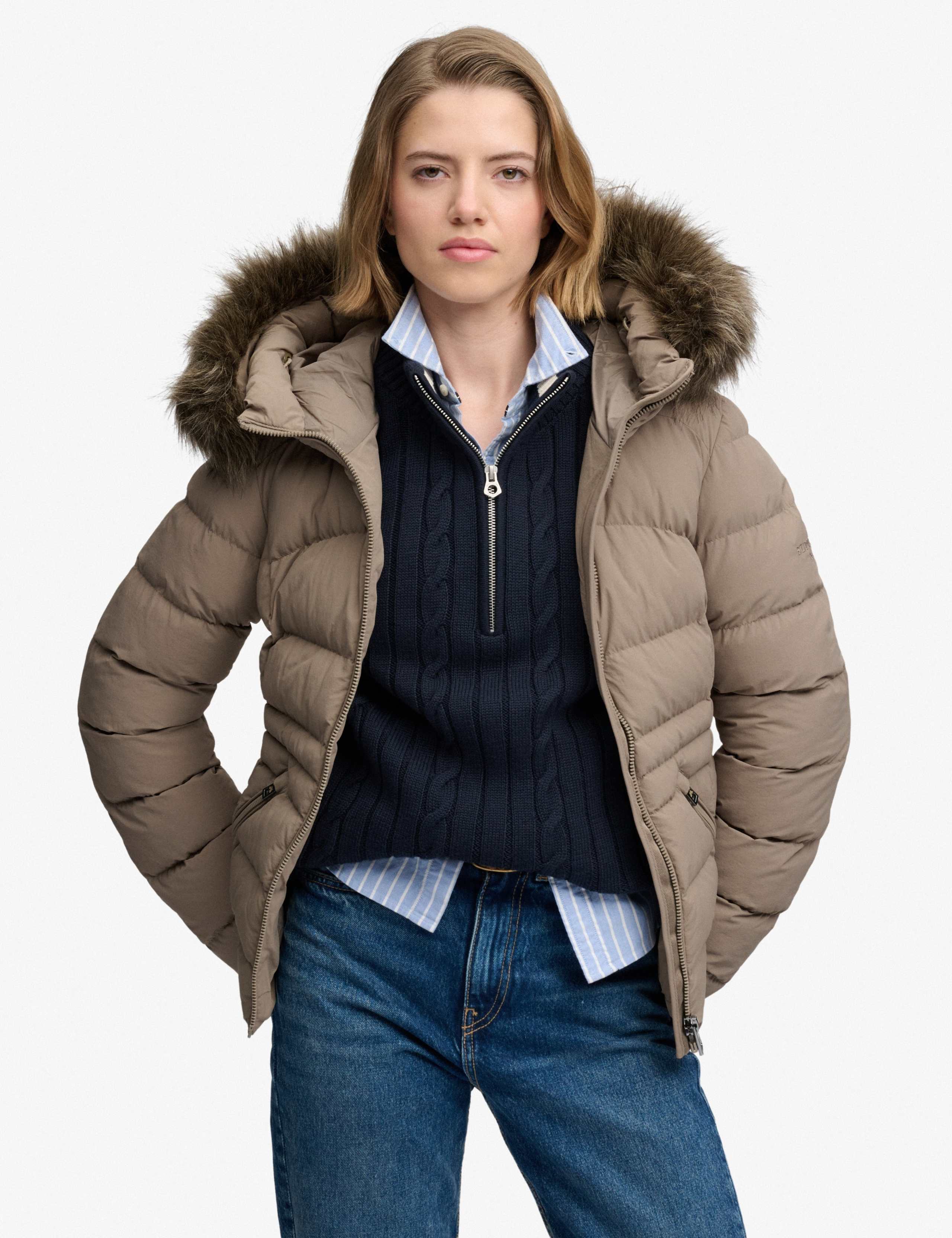 Hooded Faux Fur Trim Puffer Jacket
