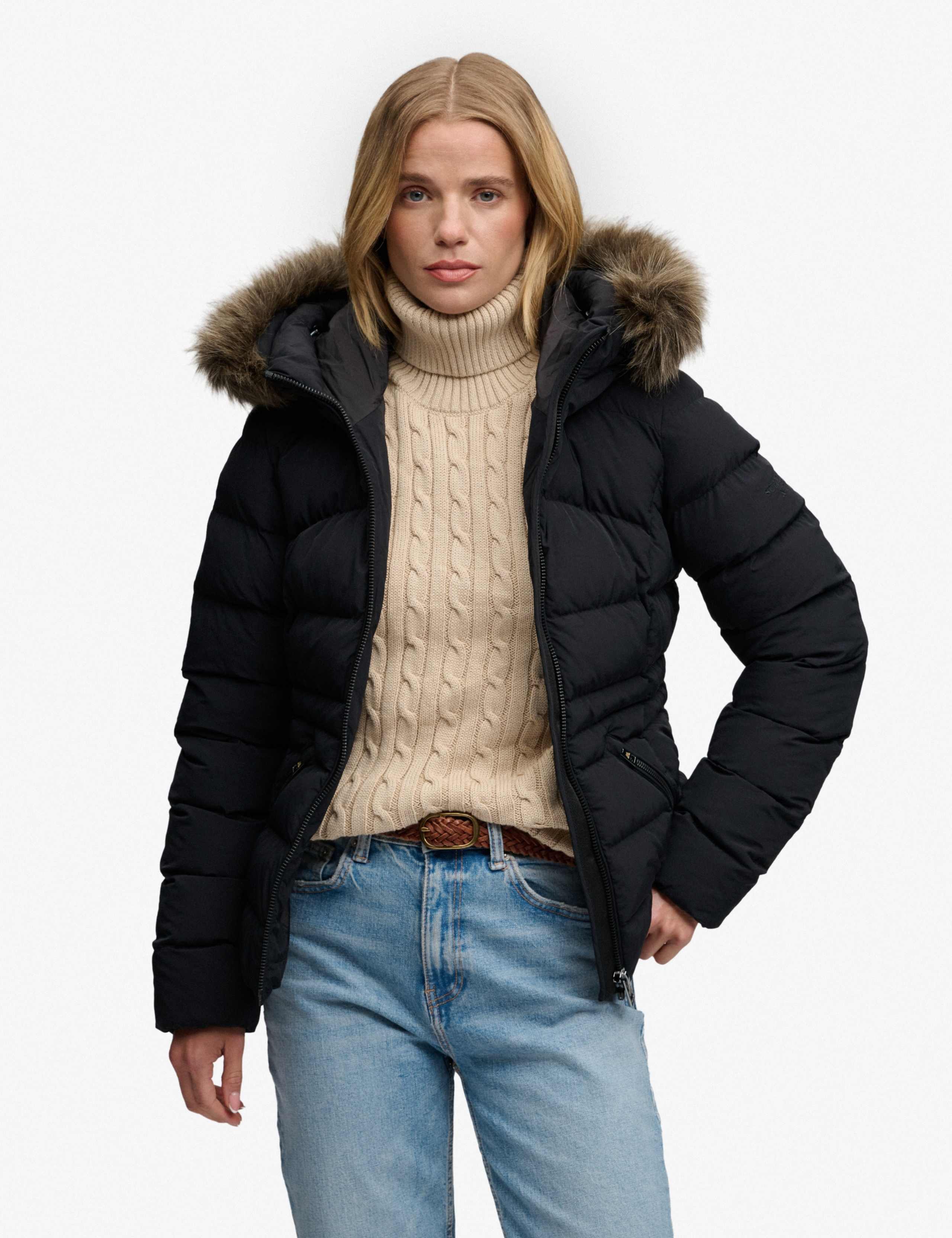 Hooded Faux Fur Trim Puffer Jacket