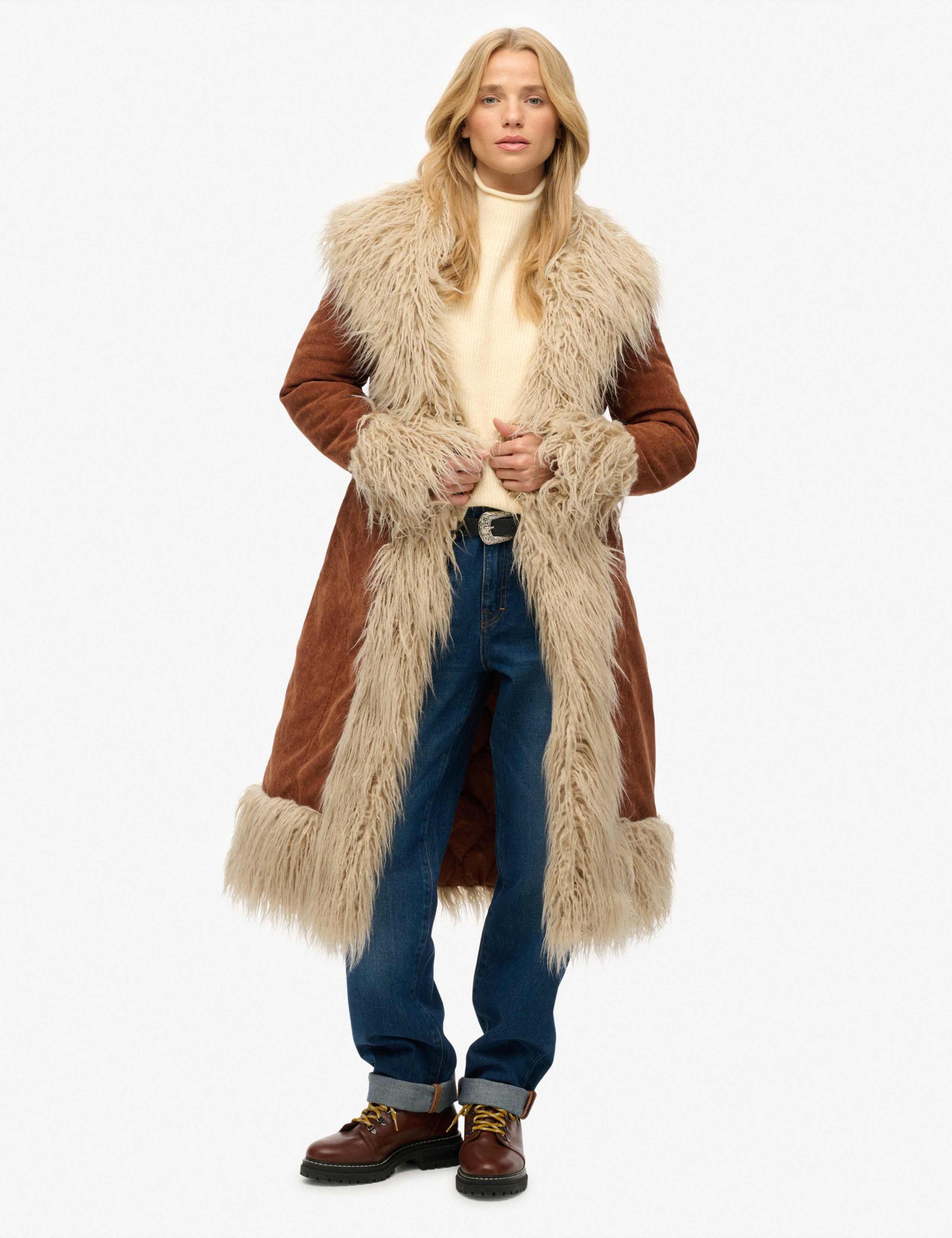Faux Fur Trim Longline Afghan Coat