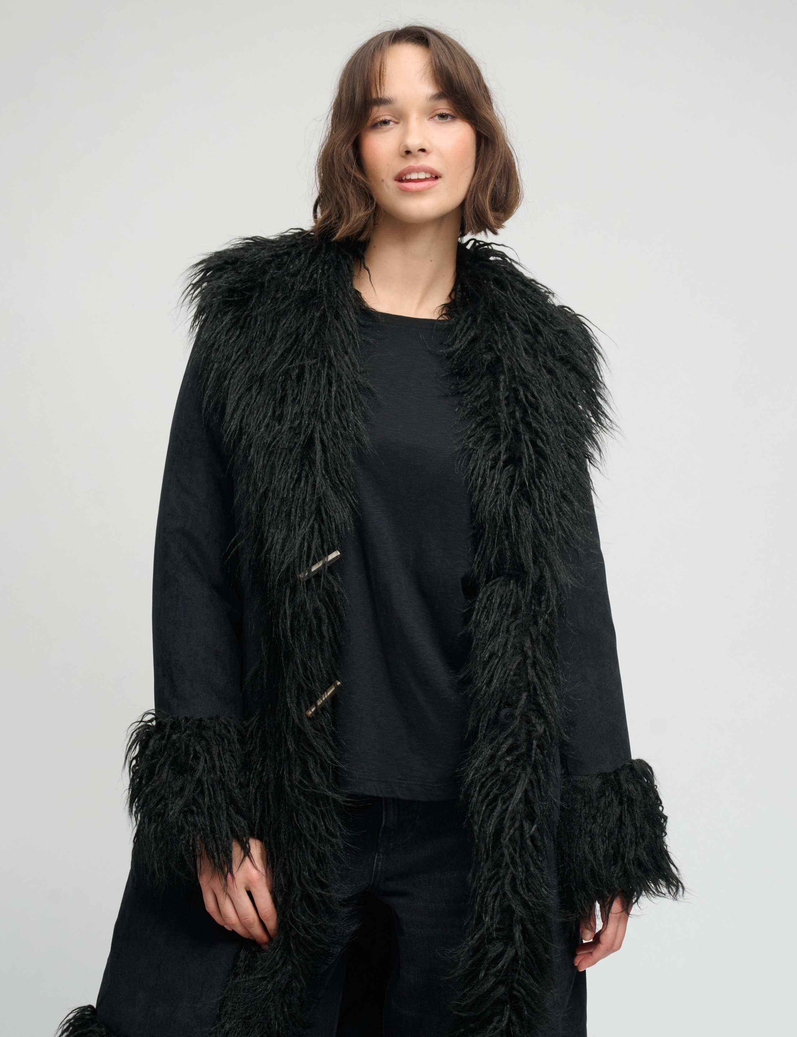 Faux Fur Trim Longline Afghan Coat