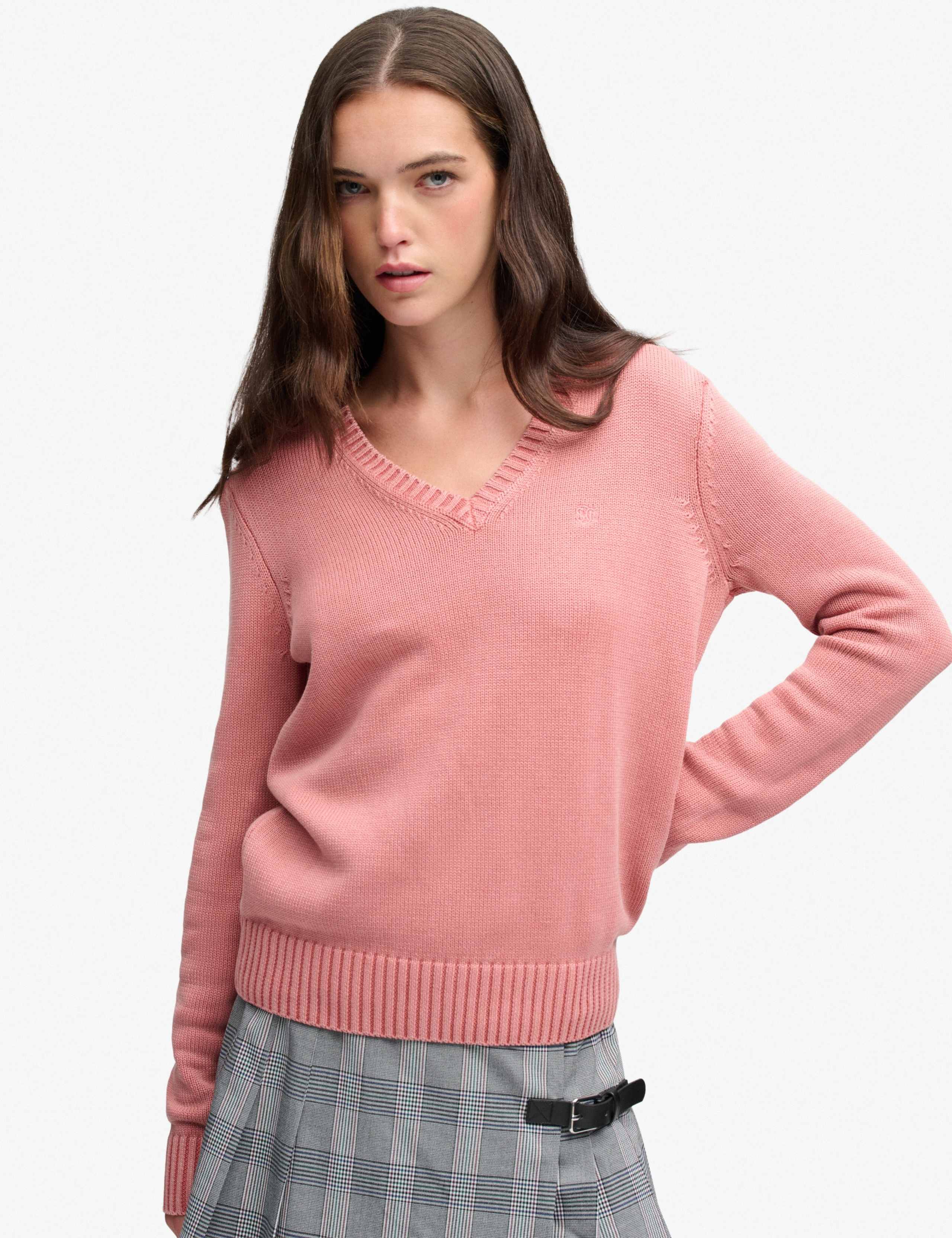 Washed Pure Cotton Jersey V-Neck Slim Jumper