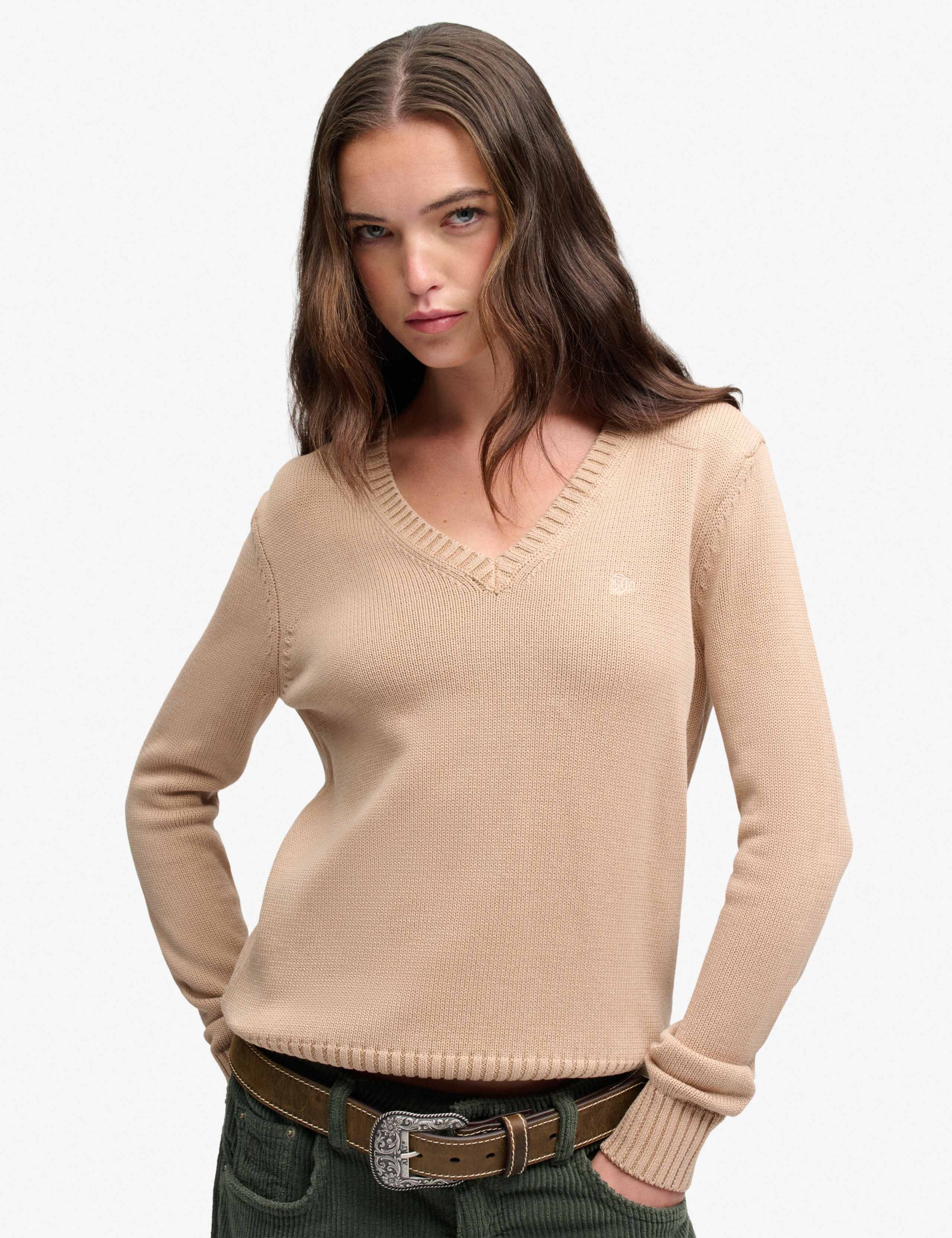 Washed Pure Cotton Jersey V-Neck Slim Jumper