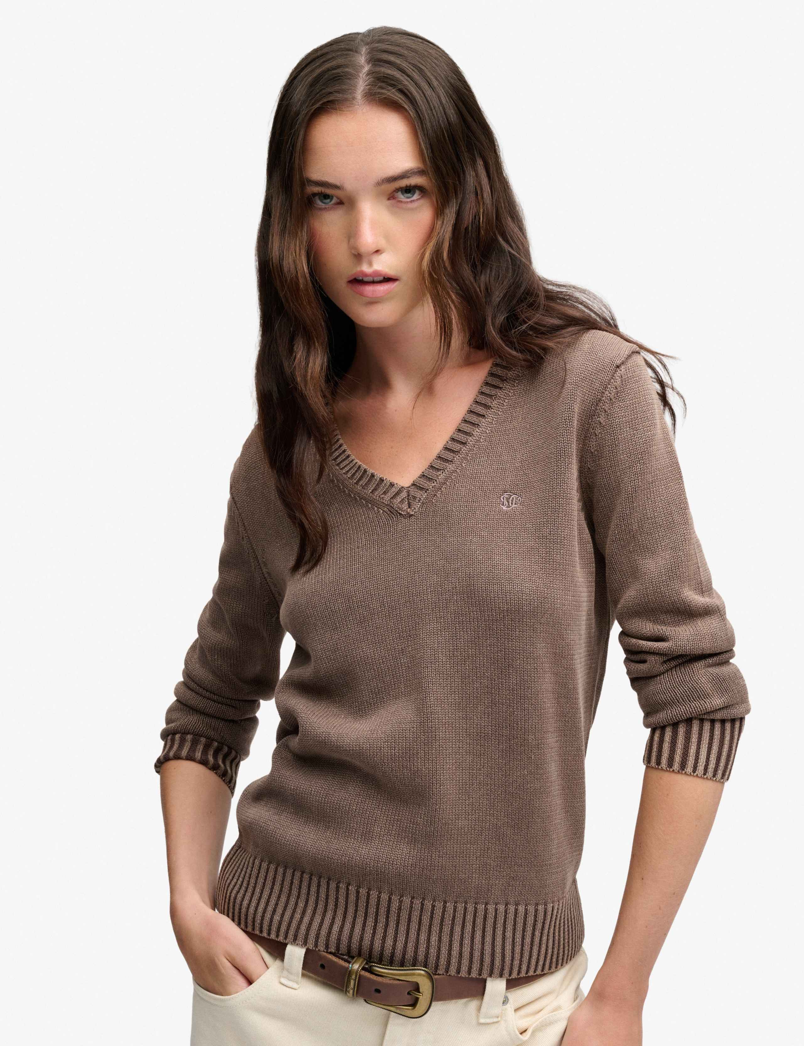 Washed Pure Cotton Jersey V-Neck Slim Jumper