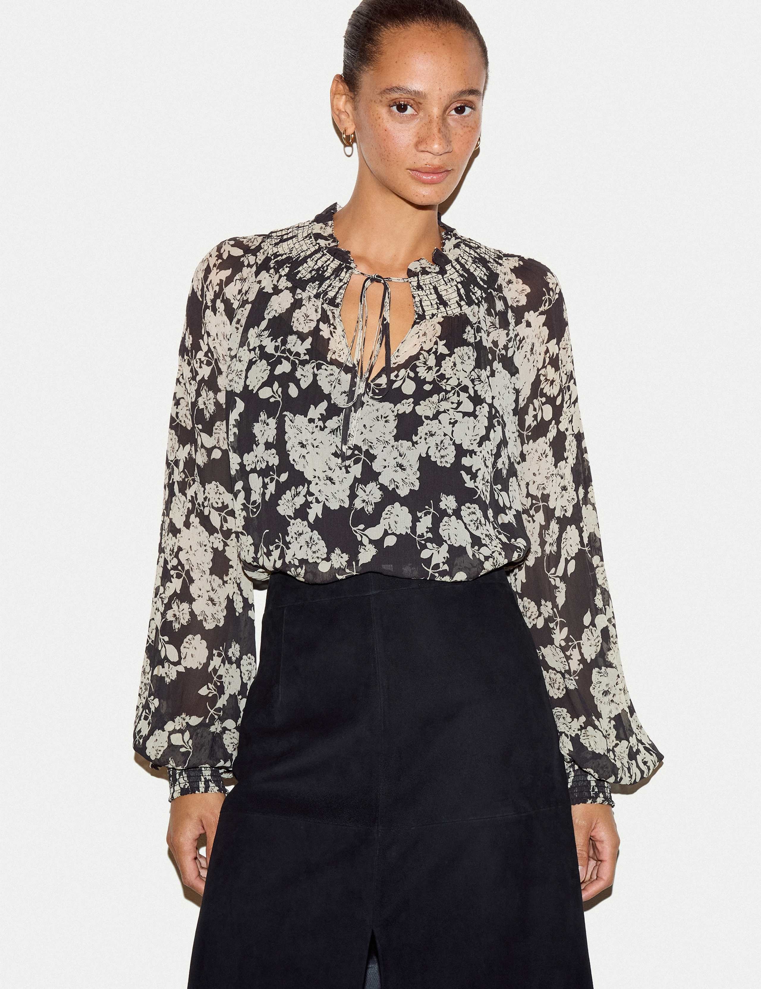 Floral Tie Neck Gathered Blouse