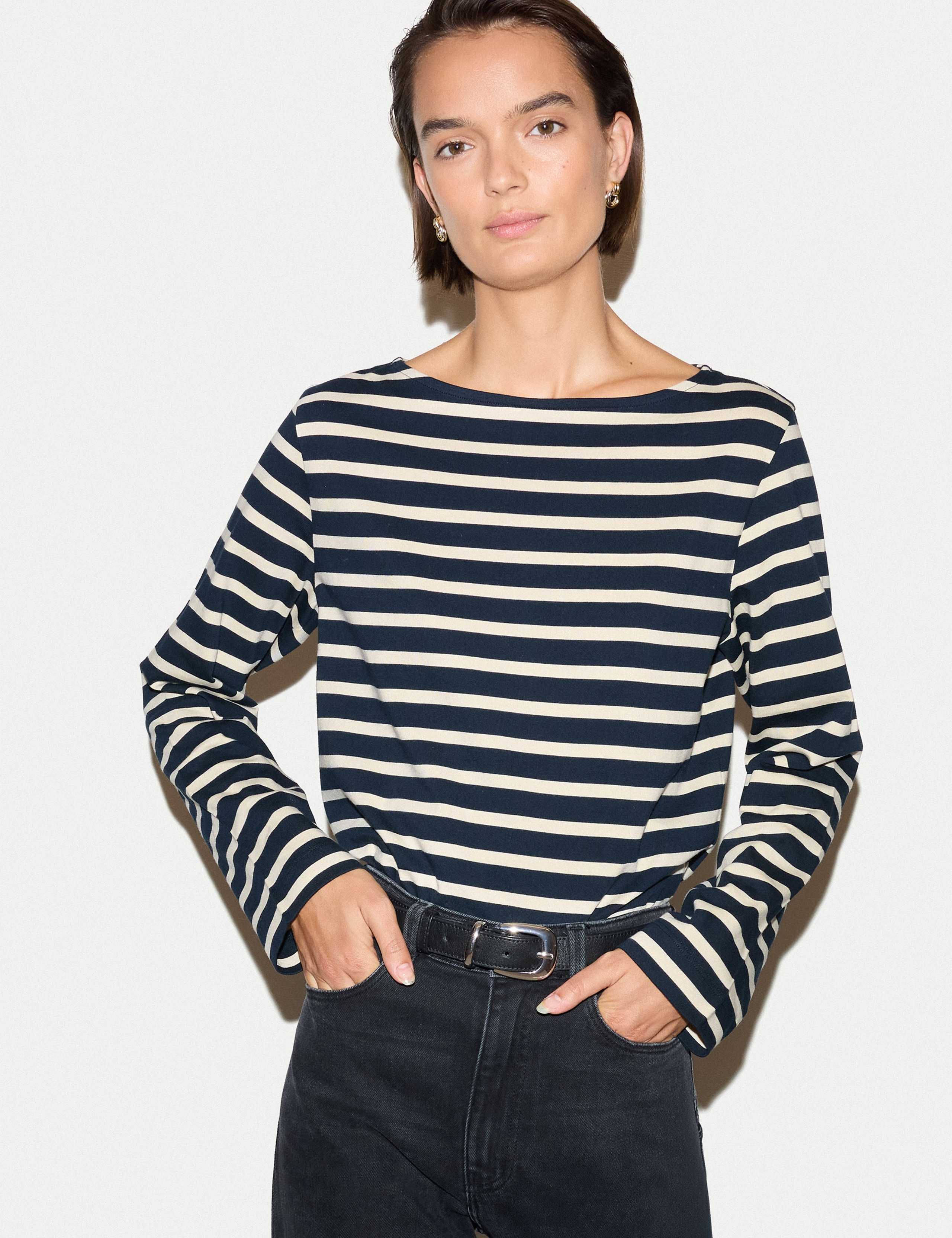 Pure Cotton Striped Slash Neck Top